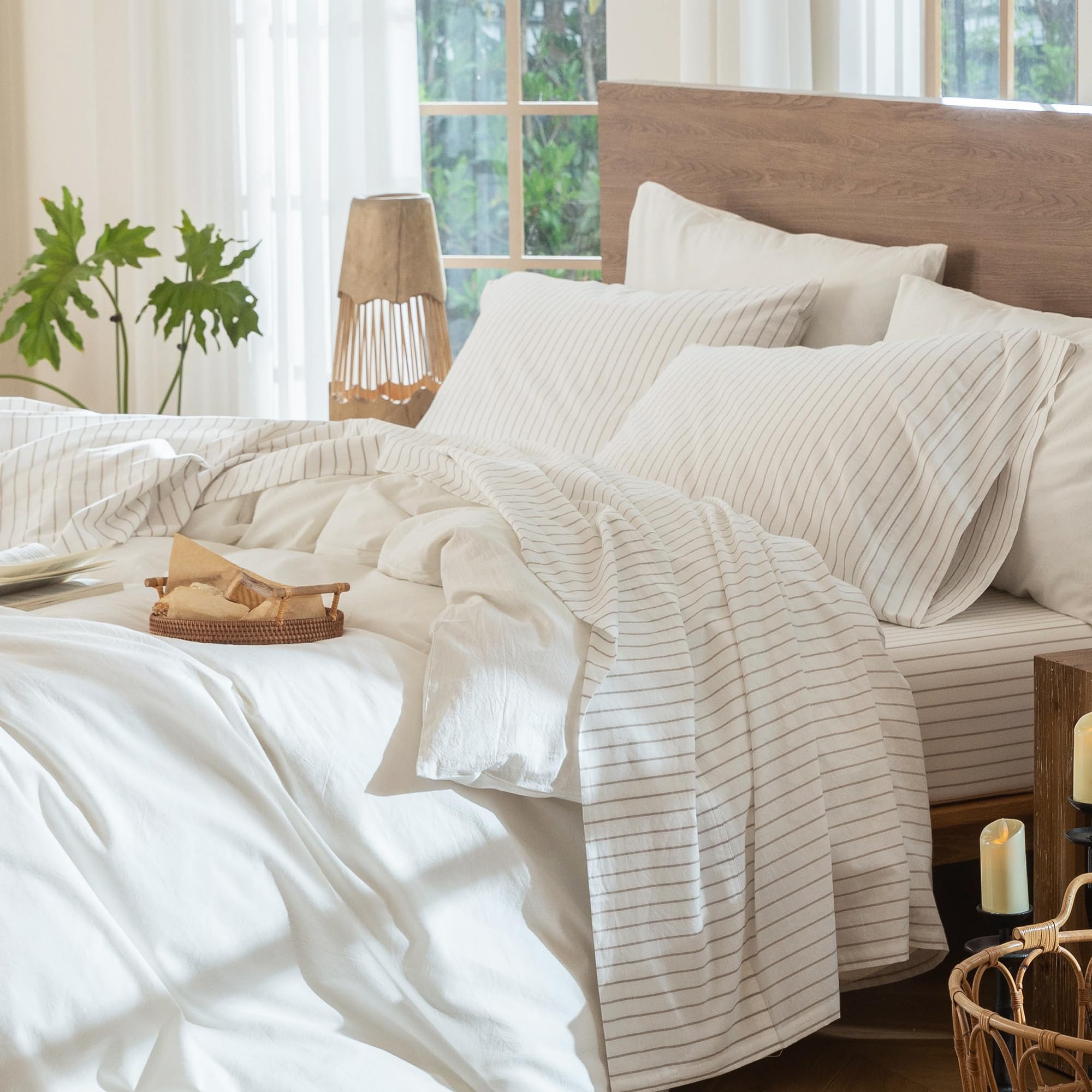 MooMee Striped Sheet Set 100% Washed Cotton Linen Like Textured Breathable Durable Soft Comfy (White Tannish Linen Grey Wide Stripes, King)