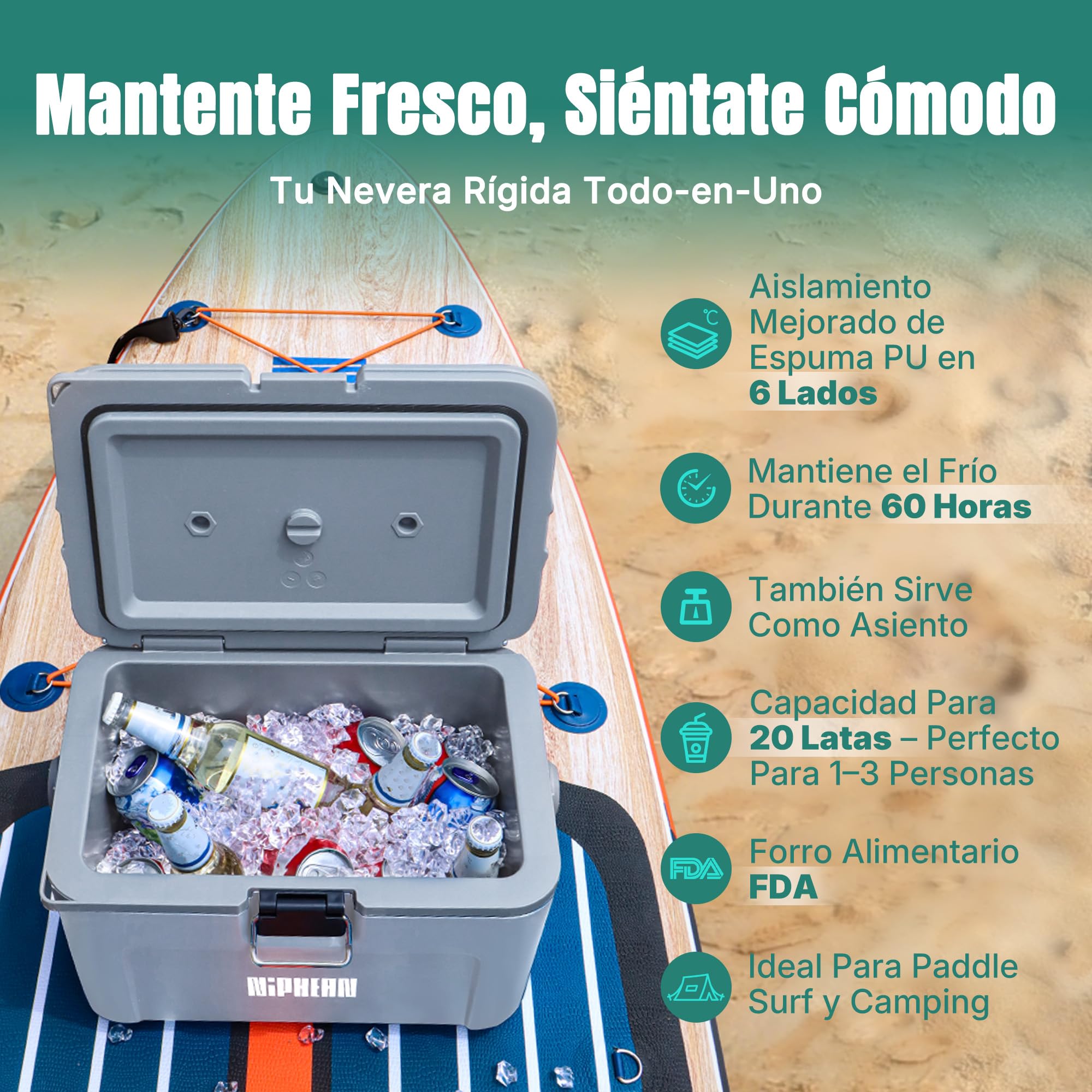 Niphean Caja térmica de tabla de remo aislada de 4 capas, 60 horas de retención de hielo, asiento convertible en tabla de remo con anillo en D, enfriador rígido de kayak de 15 litros para camping