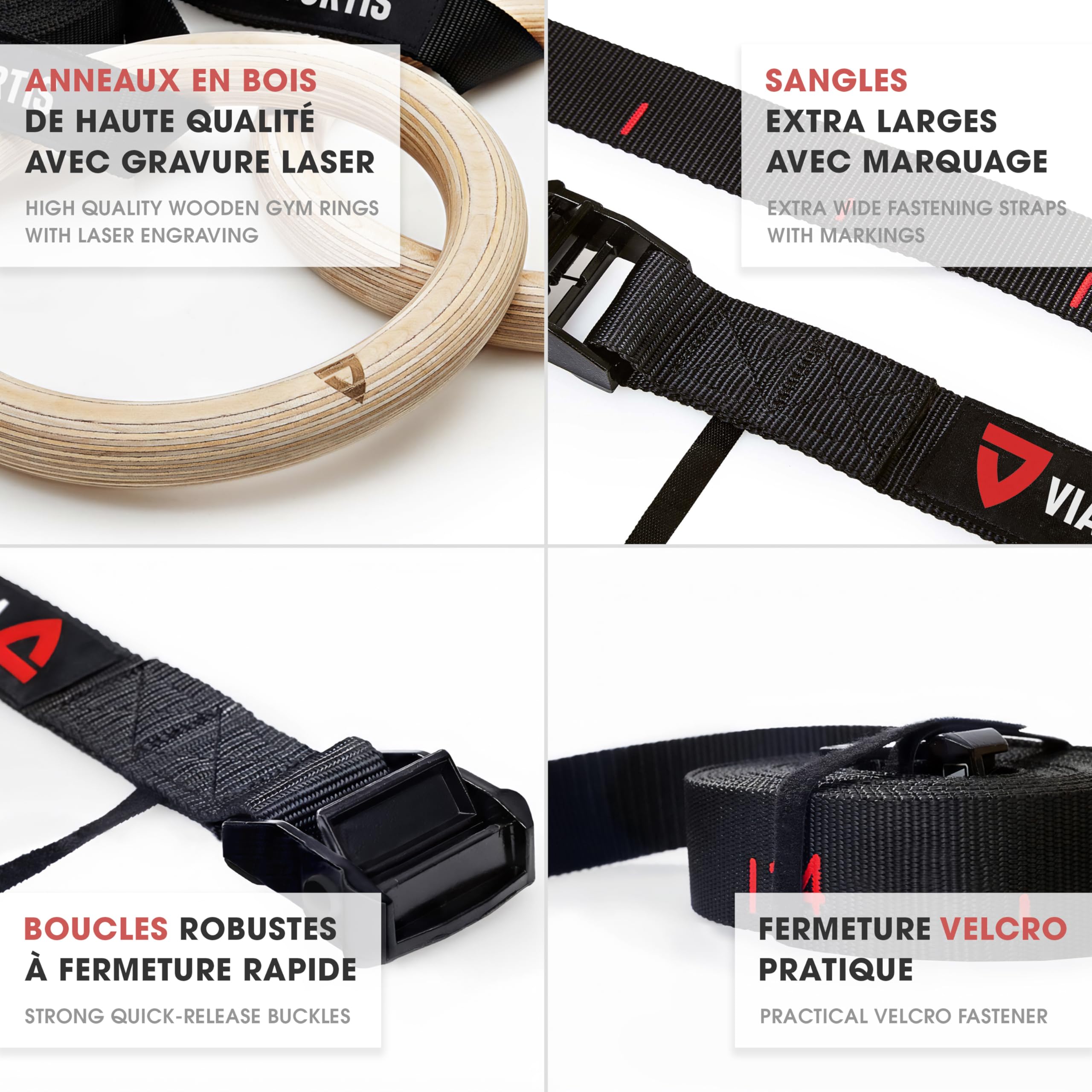 VIA FORTIS Anneaux de Gymnastique Premium en Bois avec Sangles, Sac et Guide d'Entraînement - Anneaux de Gym pour Calisthenics & Crossfit - Version de Compétition - Sangles Extra Larges avec Repères
