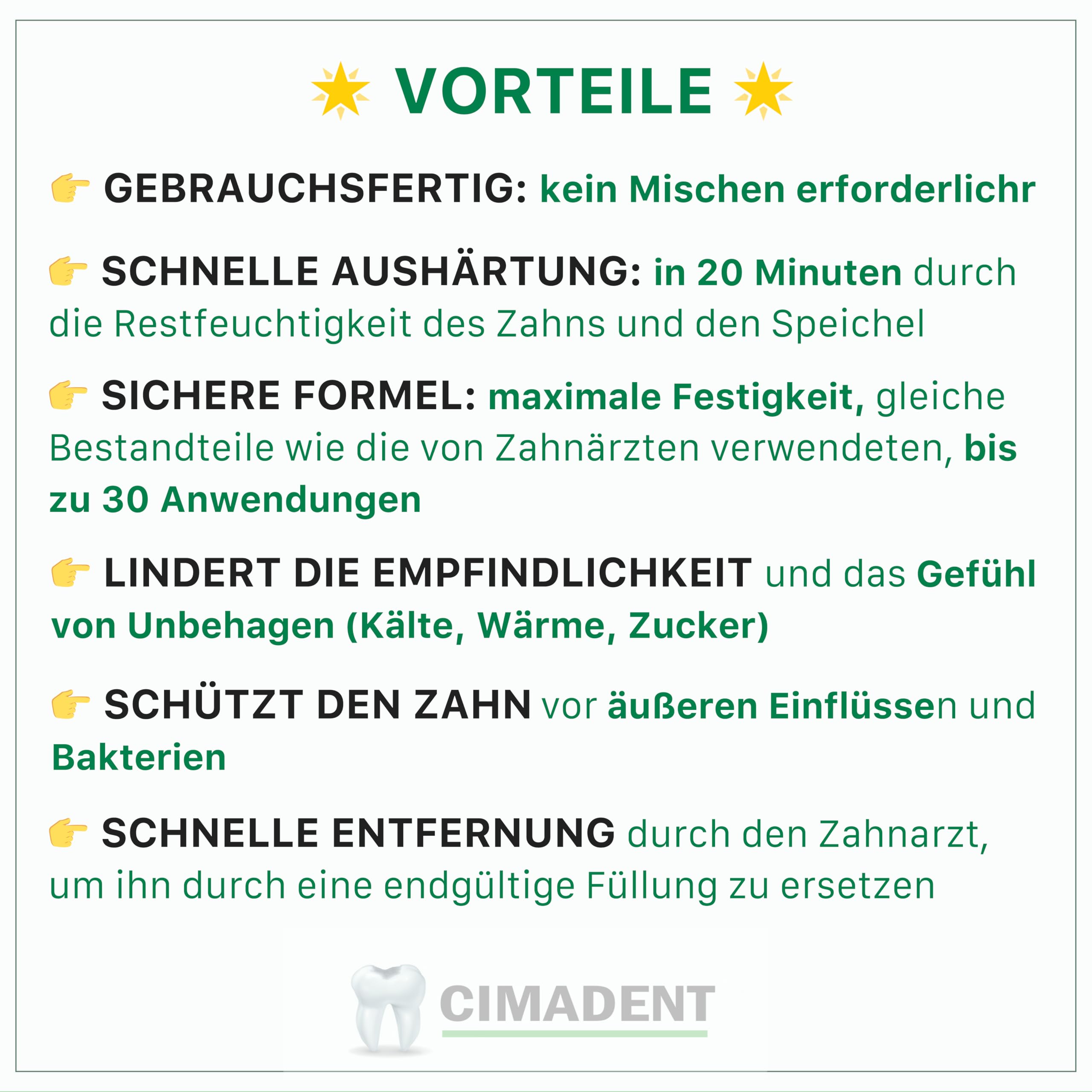 Zahnpflege Cimadent für Verstopfung von Karies oder verlorener Füllung. Ausgezeichneter temporärer Verband, während Sie auf den Zahnarzt warten. 30 Anwendungen