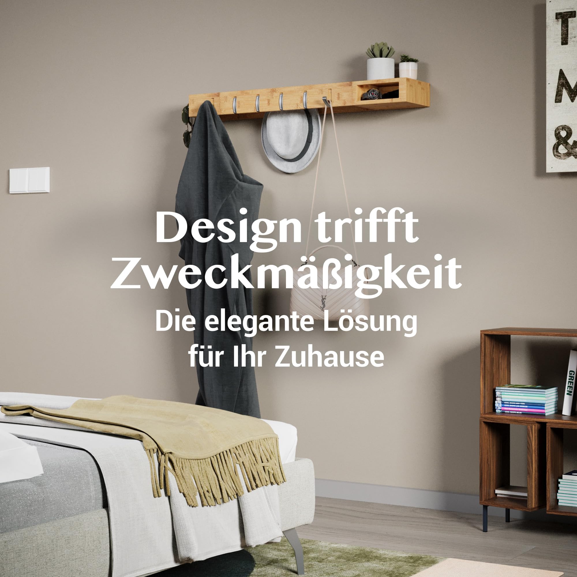 Wandgarderobe Holz – Platzsparende 4in1 Garderobe - 100cm | Garderobenpaneel mit Ablage, Haken, Kleiderstangen, Brillenhalter – Garderobenleiste für Flur, Schlafzimmer, Wohnzimmer