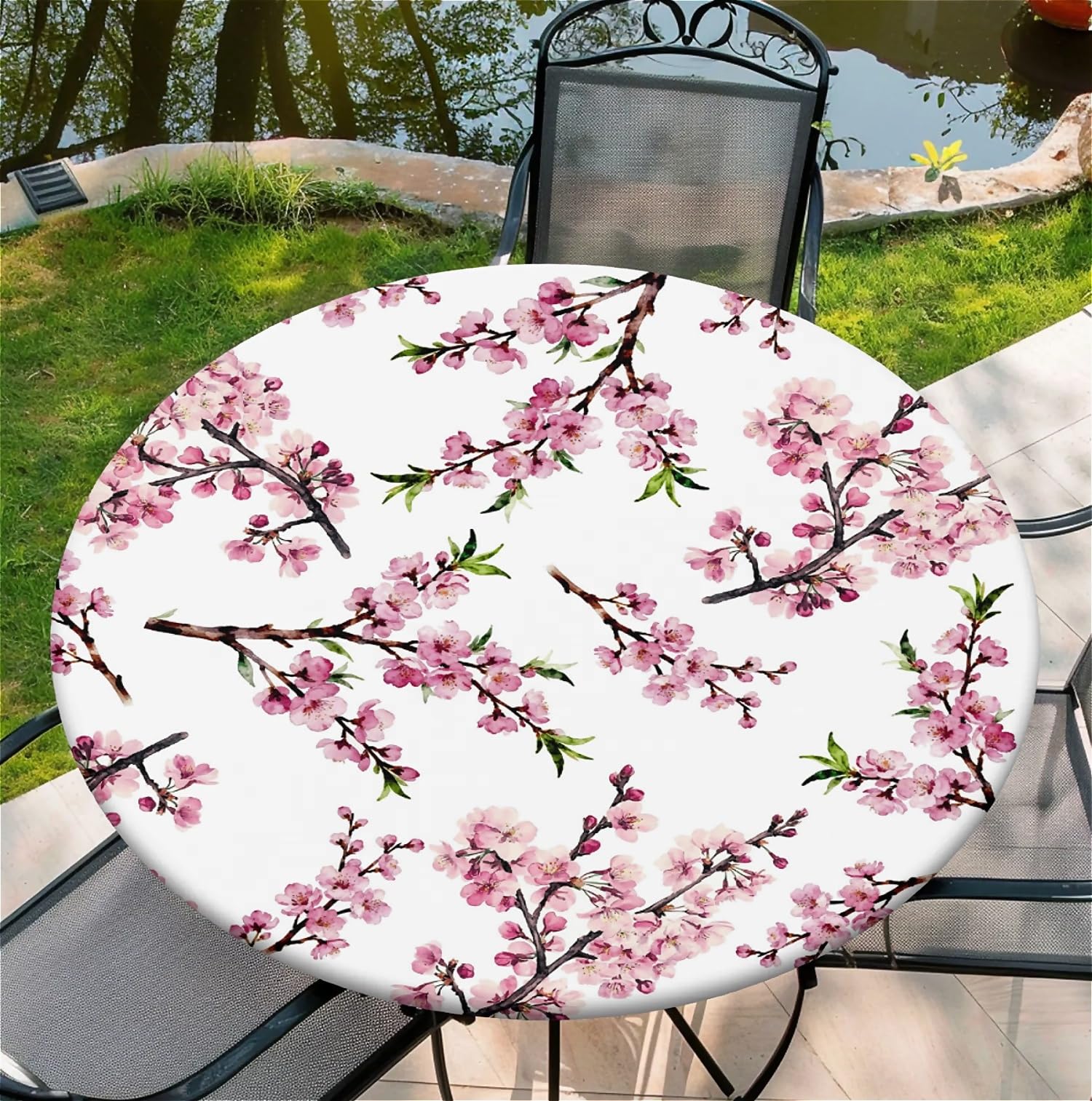 artslion Round Table Cloth with Elastic Edge 60 In– Waterproof Wipe Clean Fitted Table Cover for Indoor & Outdoor Use – Peach Blossom Patterns
