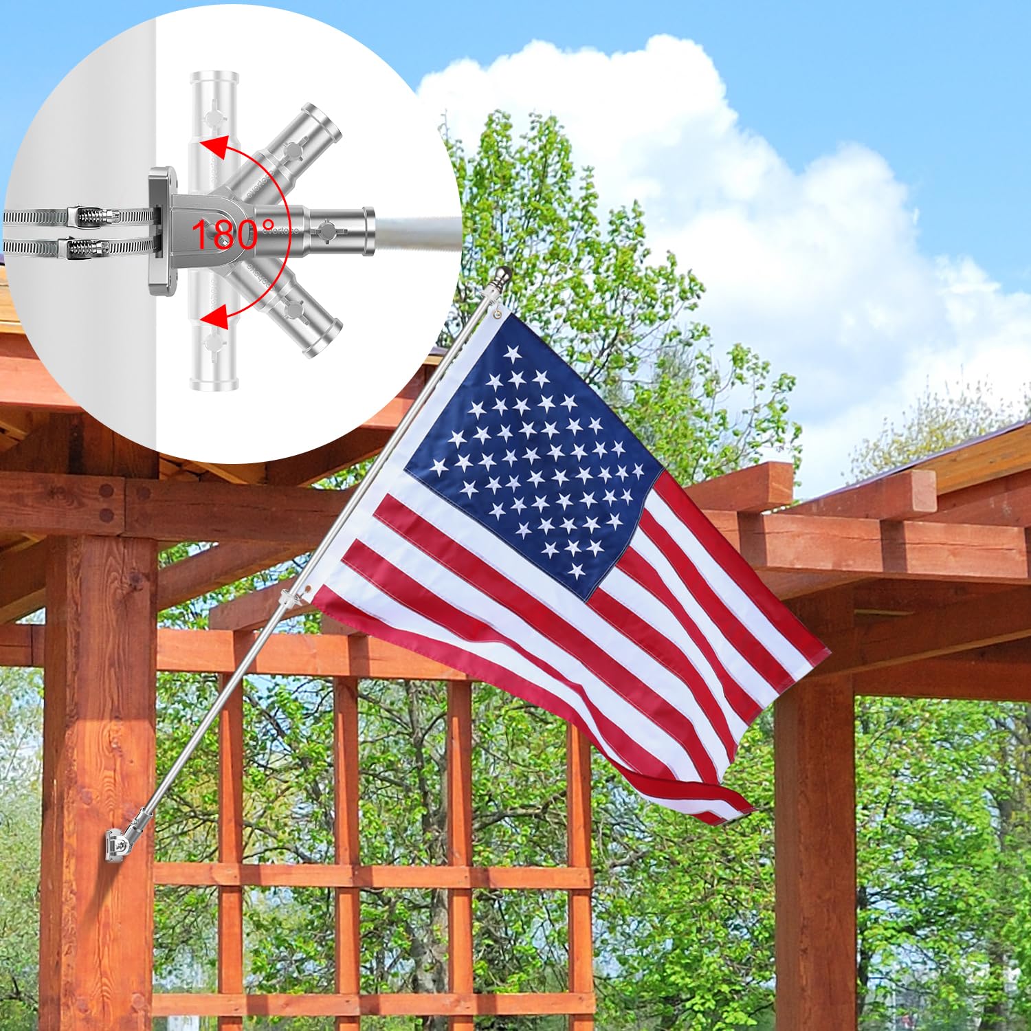 Premium-Fahnenmast-Set – T304 Edelstahl, 180° verstellbare Flaggenhalterung, 1,8 m Fahnenmast mit Ringen aus Aluminiumlegierung, langlebig, windbeständig, rostfrei, silberfarben