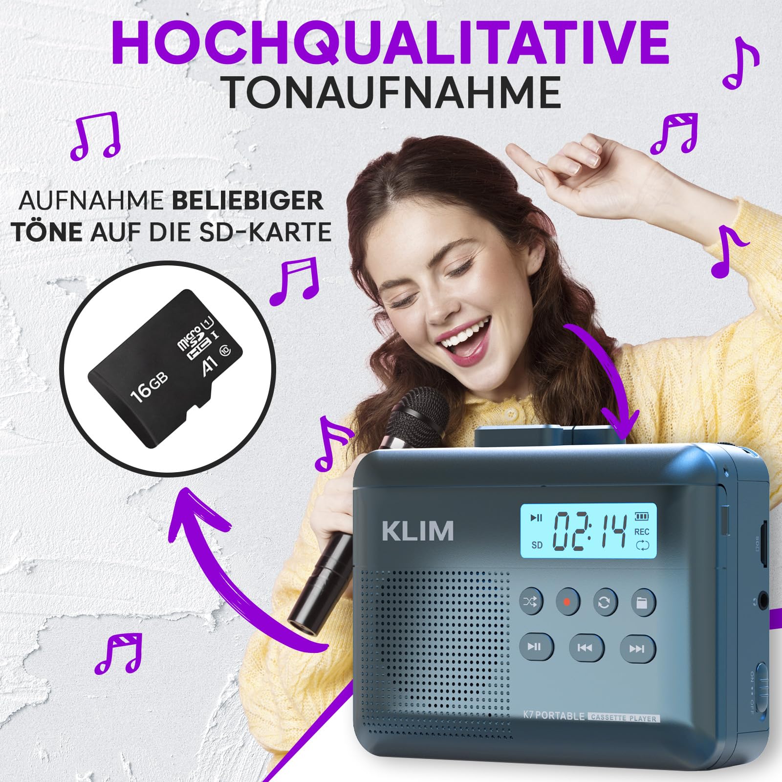 Kassettenspieler - Kassettenrekorder - Cassette Player - Kassetten Digitalisieren - Tragbarer - Mikrofon & Lautsprecher - Wiederaufladbarer Akku - Stereoausgang - 16GB SD-Karte - Blau