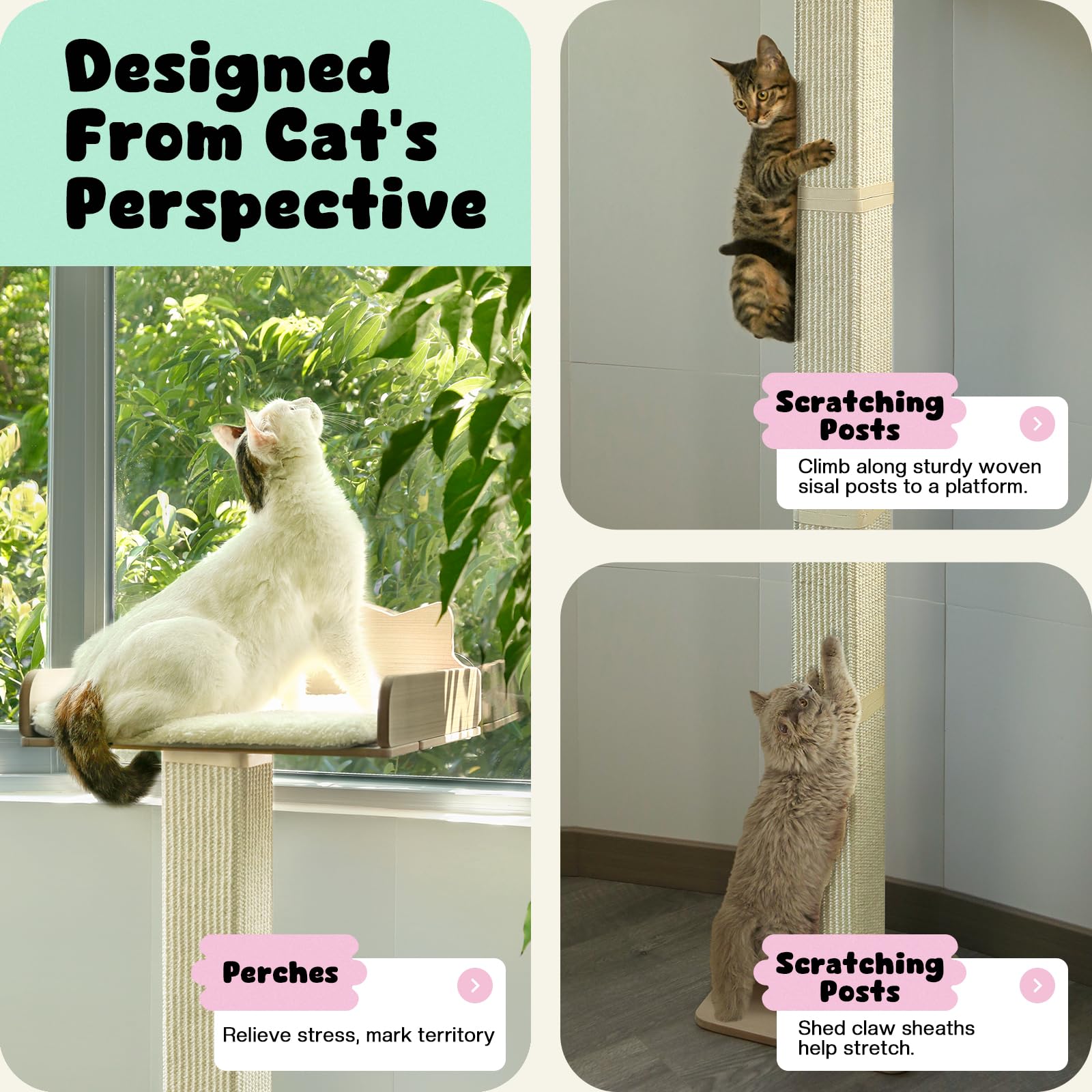Hamaca Ventana Para Gatos GreenPetopia - Poste Rascador Sisal - Ajustable 53.5" - 2 Ventosas