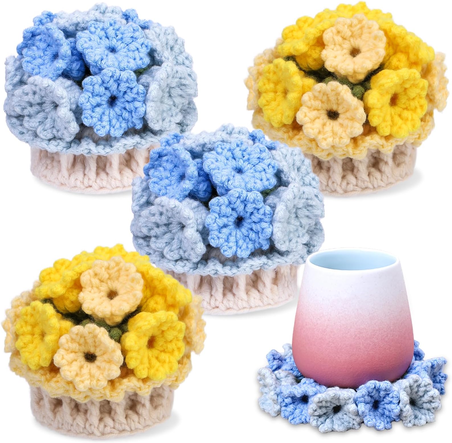 ENCHOL Crochet Kit for Beginners, 4 Pcs Crochet Coaster Kit, Complete Starter Crochet Kit, Flower Coaster Crochet Set with Step-by-Step Video Tutorials for Interior Decoration
