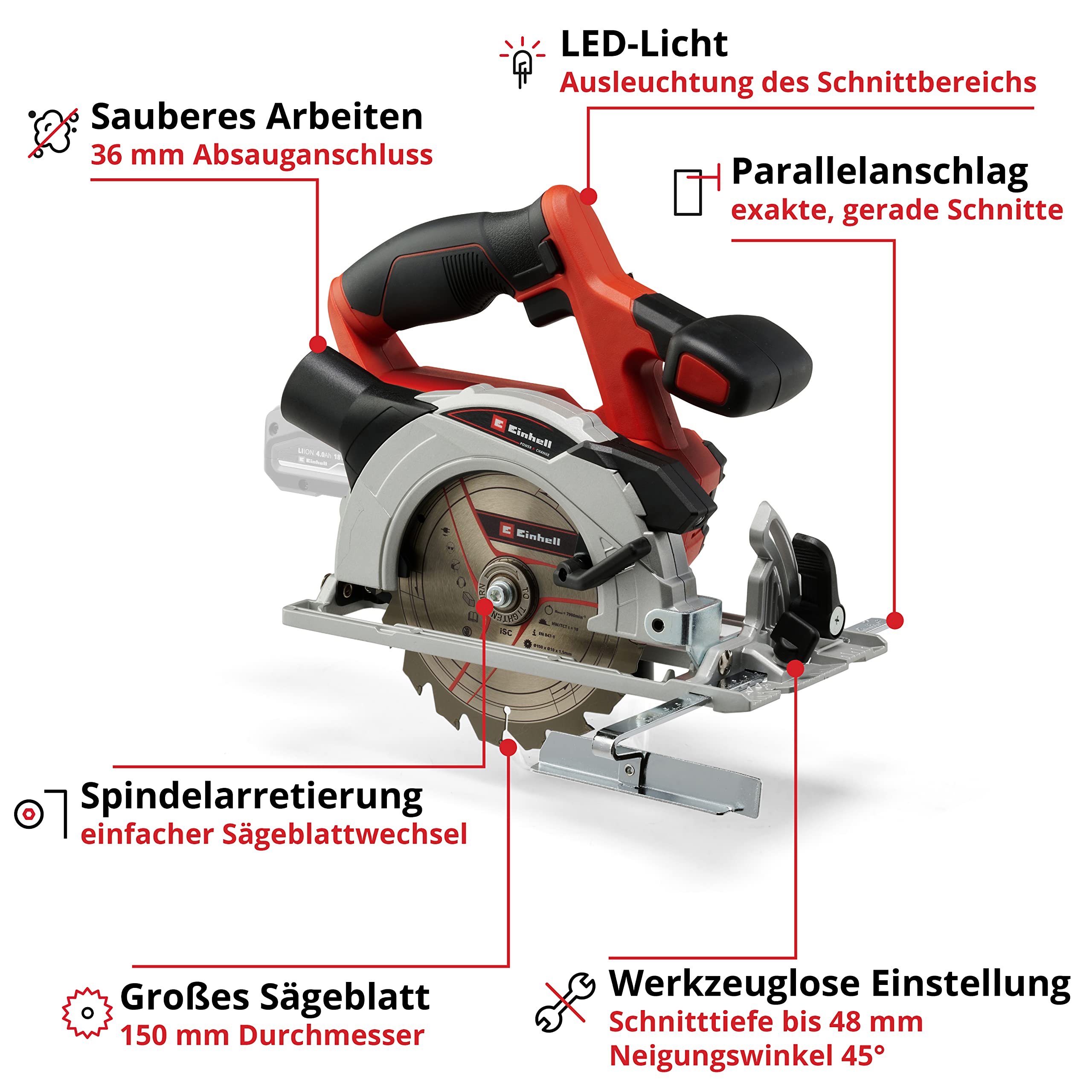 Einhell Akku-Handkreissäge TE-CS 18/150 Li Power X-Change (Lithium Ionen, Schnitttiefe + Neigungswinkel werkzeuglos einstellbar, LEDs, inkl. 4,0 Ah Akku und Ladegerät)