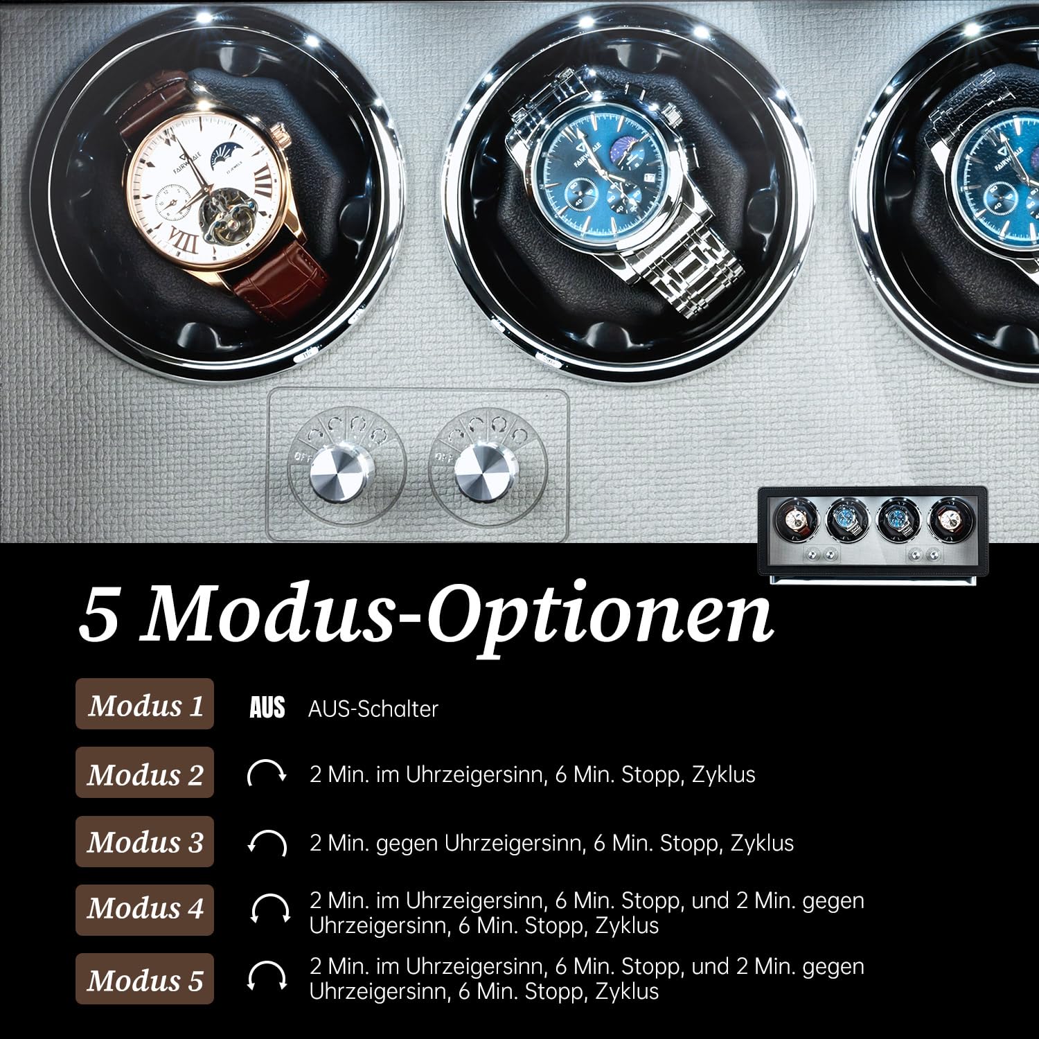 Mcbazel Rechteckige automatische Uhrenbewegerbox aus PU-Leder für 4 Uhren, ultraleiser Motor mit 4 Zifferblättern, LED-Lichtanzeige, 4 Rotationsmodi, Schwarz