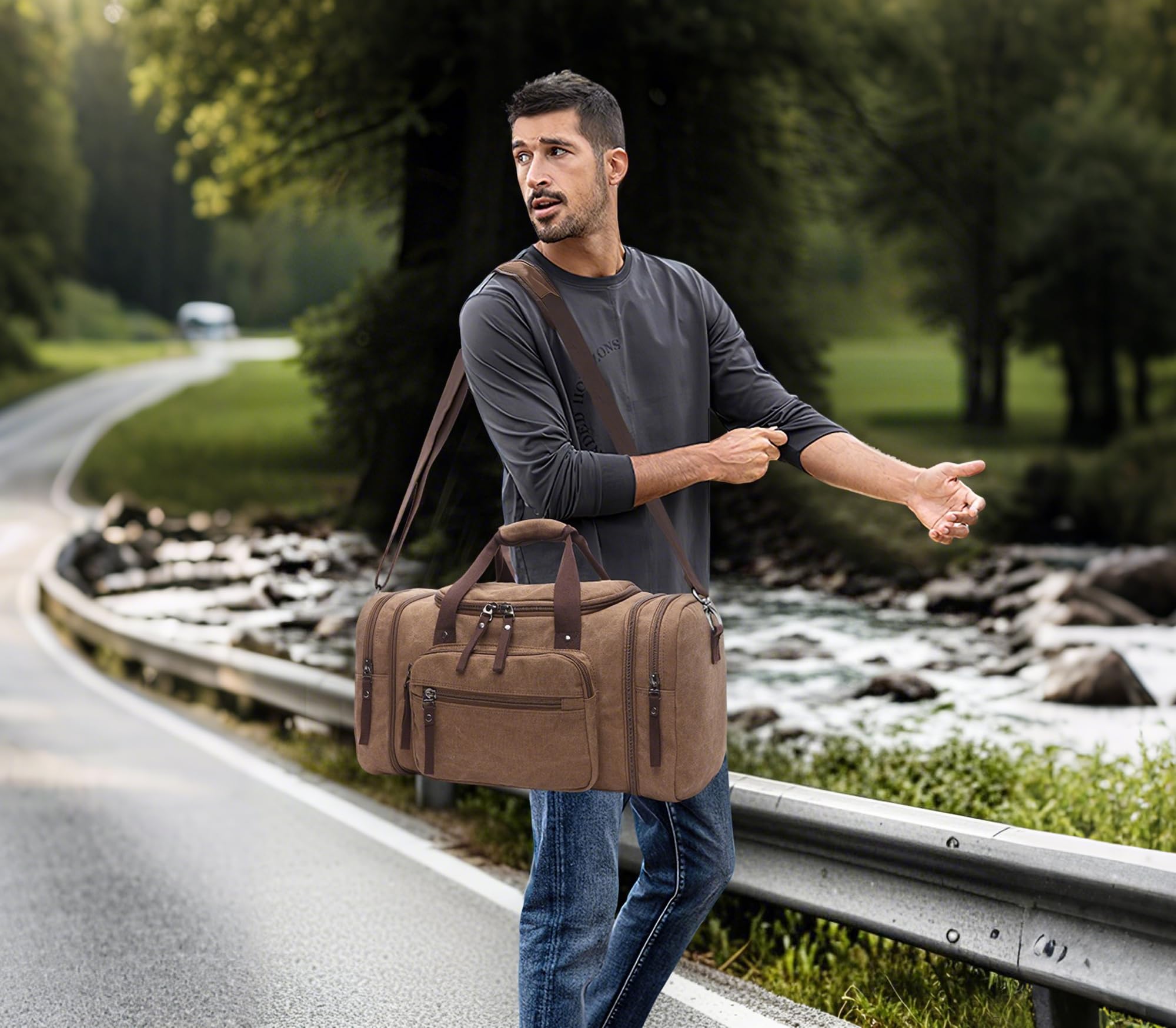 Moda Espandibili Borsone da Viaggio Uomo 40L Grande Borsone Palestra con Tracolla Molteplici Tasche pour Vacanza All'aperto Campeggio Uomo Tela Borsone da Sportiva Marrone