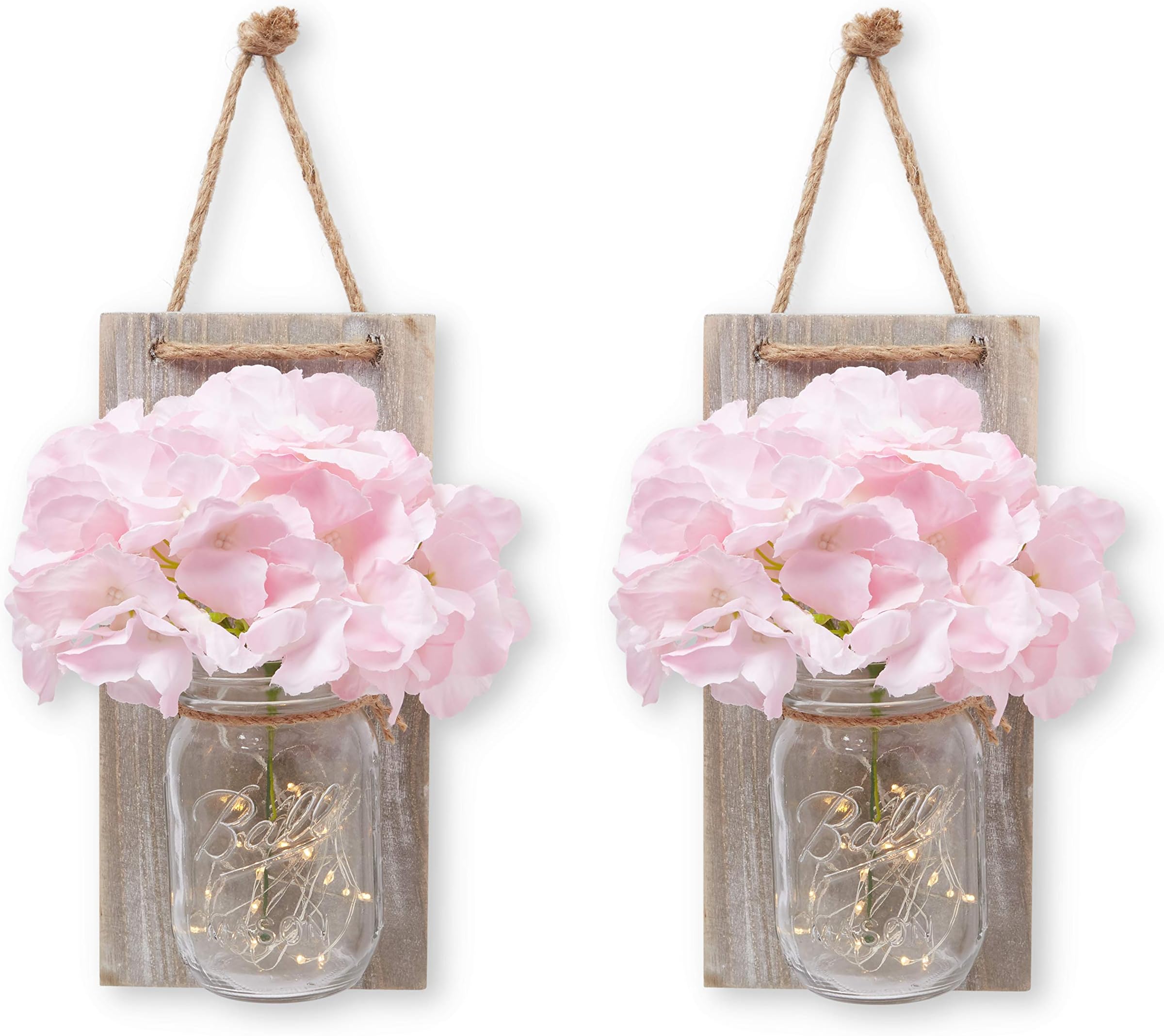 Hanging Mason Jar Wall Decor Sconce with LED Fairy Lights, Rustic Wood with Beautiful Pink and Cream Flowers Included for Home, Kitchen, Bathroom, Bedroom, Farmhouse & Girls Room Decorations