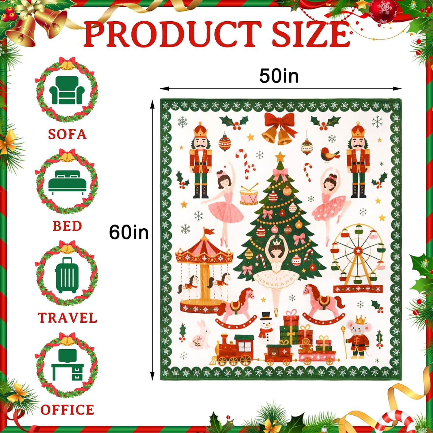 Kids Christmas Reading Blankets Nutcracker Flannel Lap Blanket Xmas Throw Blanket for Couch Bed Sofa Holiday Decor, Characters Prince Mouse Ballerina Ballet Gifts for Girls Dancer Daughter Toddler