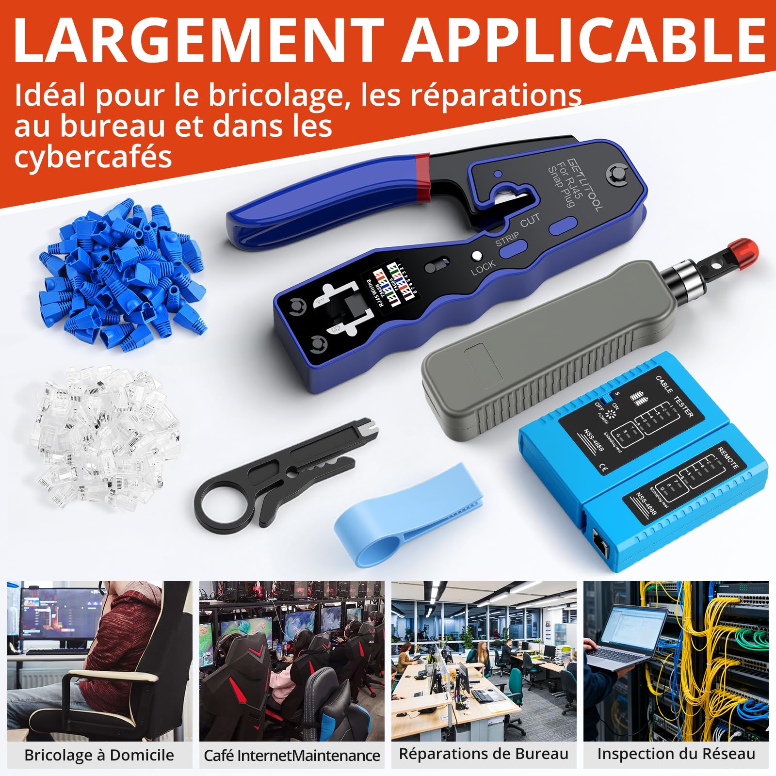 GETLITOOL Kit D'Outils de Sertissage RJ45 Pince à Sertir pour Réseau Ethernet,avec 60 Connecteurs Traversants RJ45/Cat5/Cat6/Cat6a/Cat7,60 Couvercles de Protection,Réseau Domestique DIY Bleu