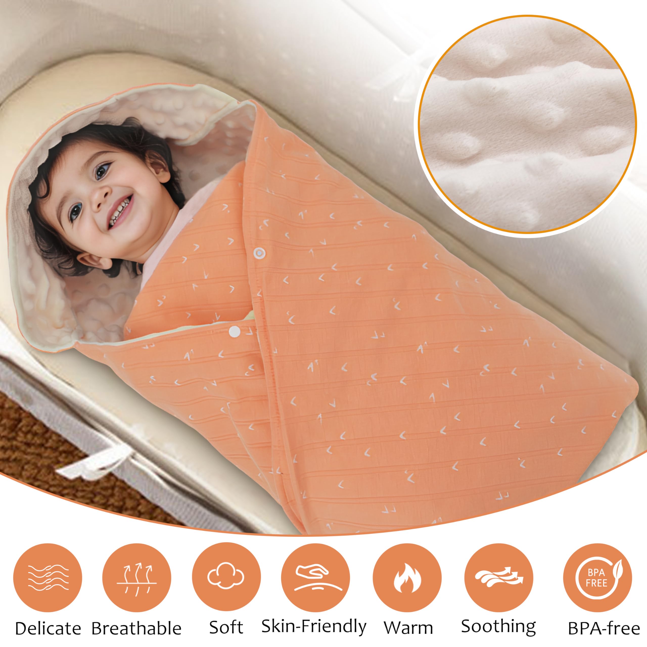 Coperta Avvolgente in 100% Cotone, 90*90cm Bifacciale Multifunzionale Copertina Accogliente con Cappuccio, Morbida Trapunta per Tutte le Stagioni, Adatto a Passeggino, Seggiolino, Unisex, Arancione