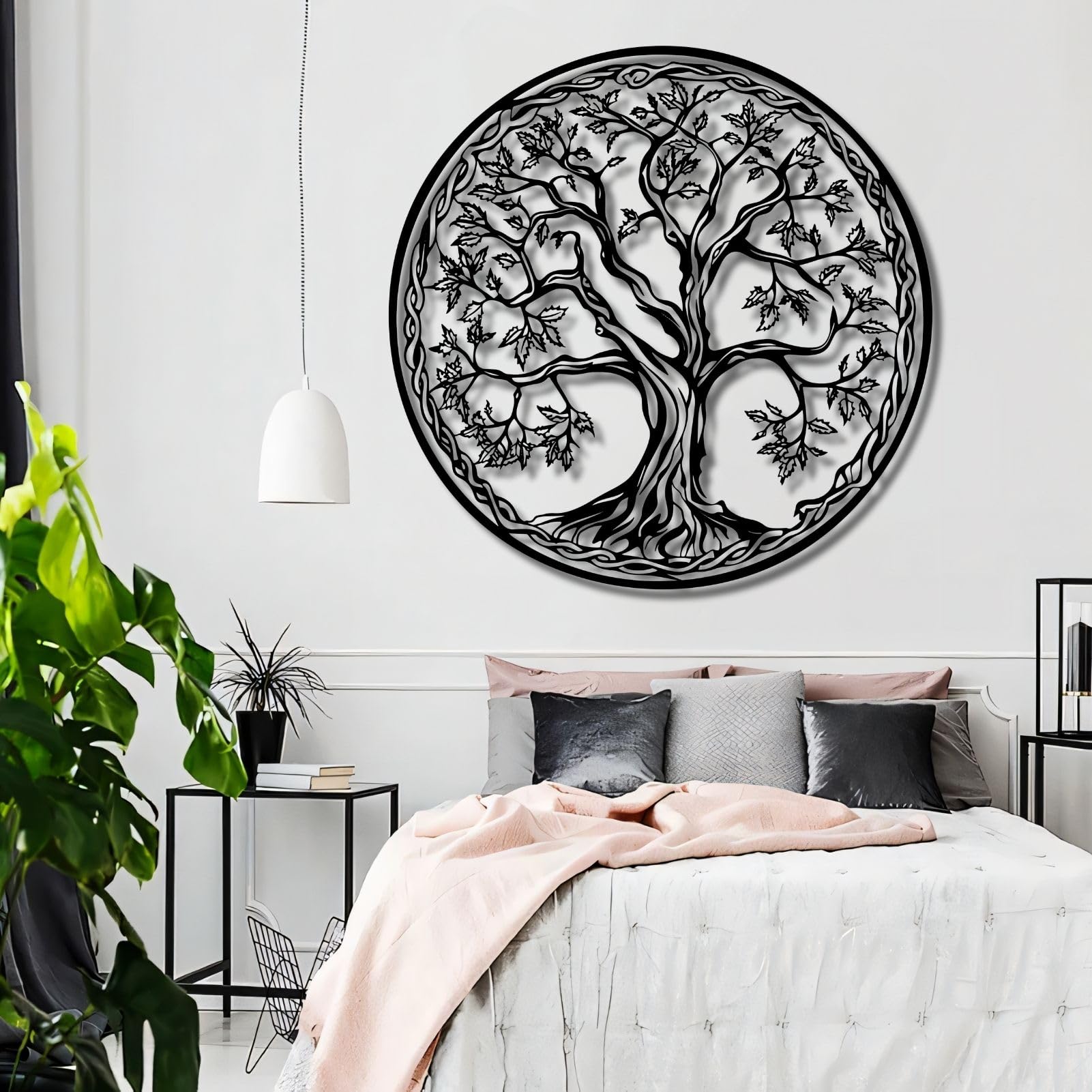 Decoración de pared de metal del árbol de la vida, silueta de sala de estar y dormitorio (47 x 47 cm, plateado)