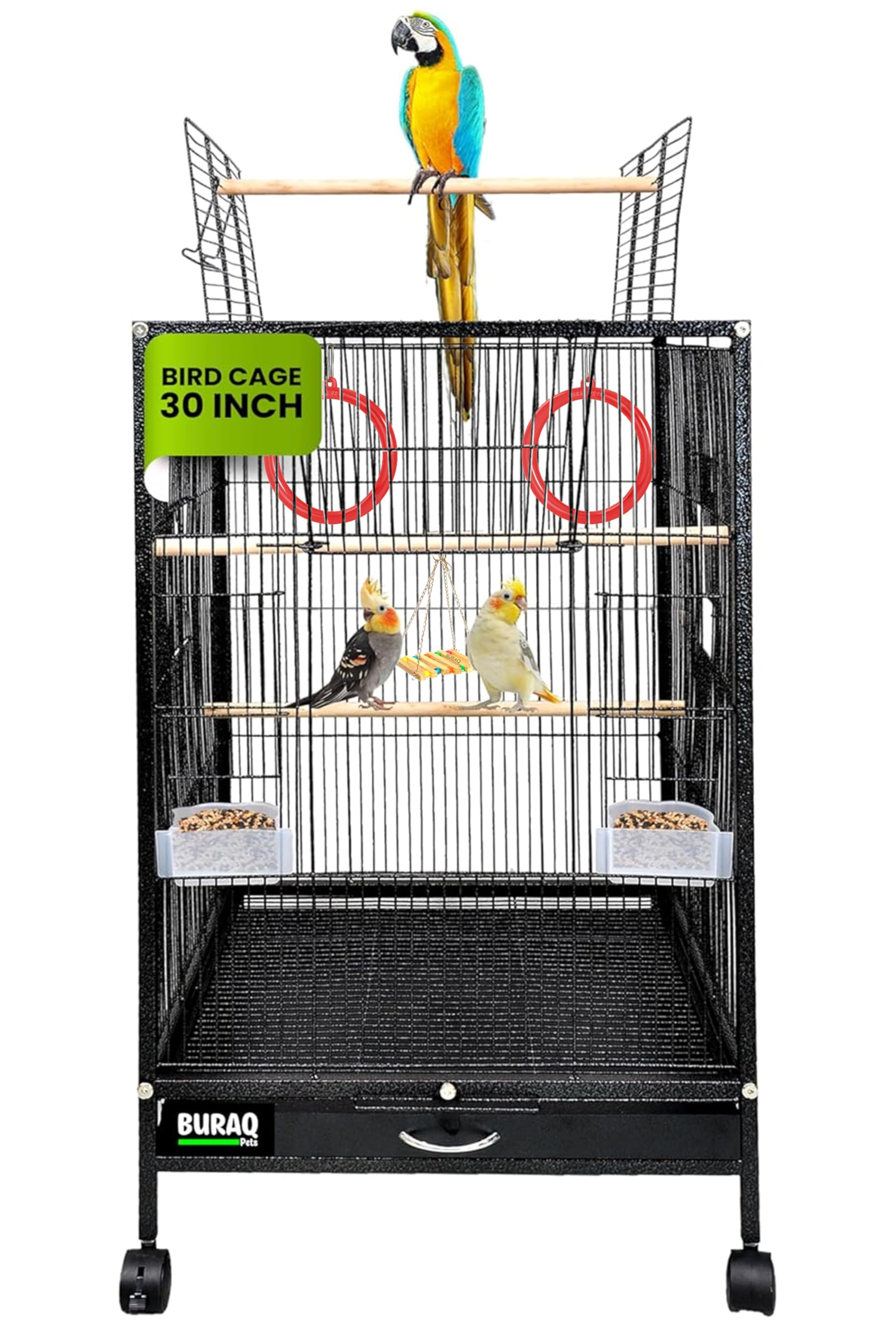 Buraq 30 Inch Large Bird Cage, Includes Locking Casters & Bird Cage Accessories, for Small & Medium Types of Birds (Large - Black)