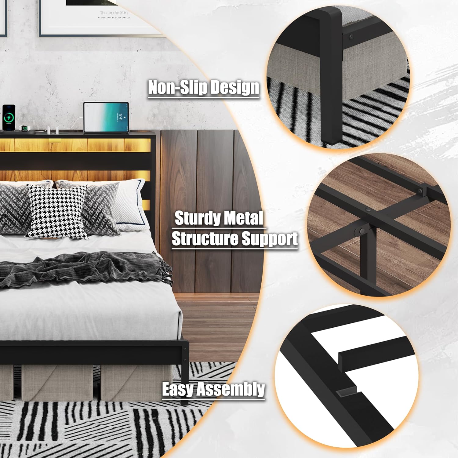 Twin Size Metal Platform Bed Frame with LED Headboard & Storage Shelf, Modern Black Metal Bed with USB Charging, No Box Spring Needed, Sturdy Slat Support for Bedroom(Black, Twin)