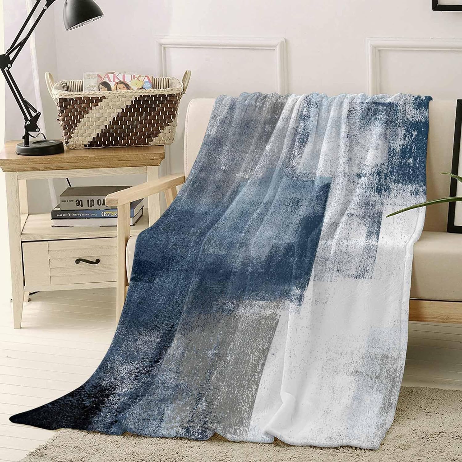 Blue Grey Abstract Throw Blanket Blue White Art Modern Painting Mottled Flannel Fleece Super Soft Fuzzy Blankets Cozy Warm Lightweight Bed Throws for Couch Sofa Travel Camping 40"x50"