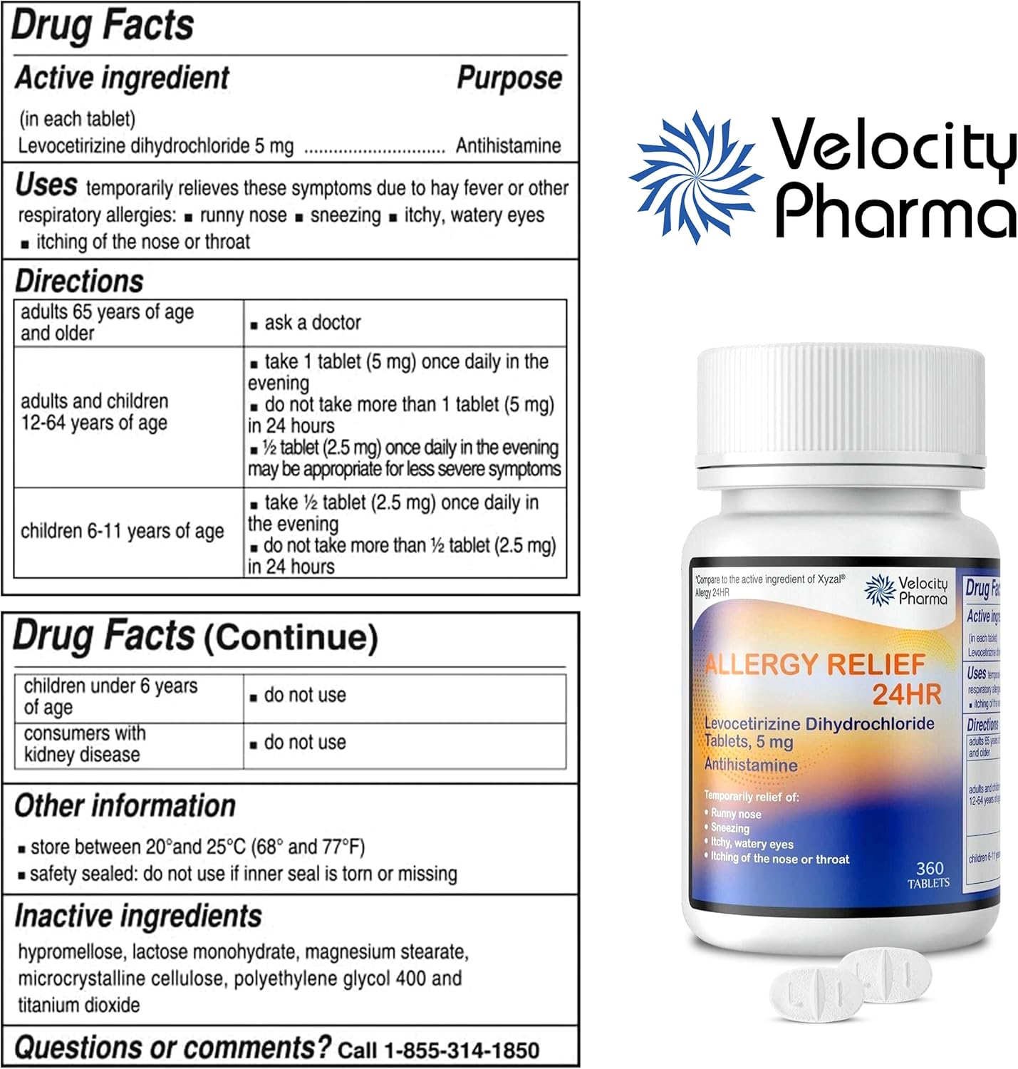 Levocetirizine Dihydrochloride 5mg USP Tablets, 24 Hour Allergy Relief Non-Drowsy Antihistamine, 360 Count