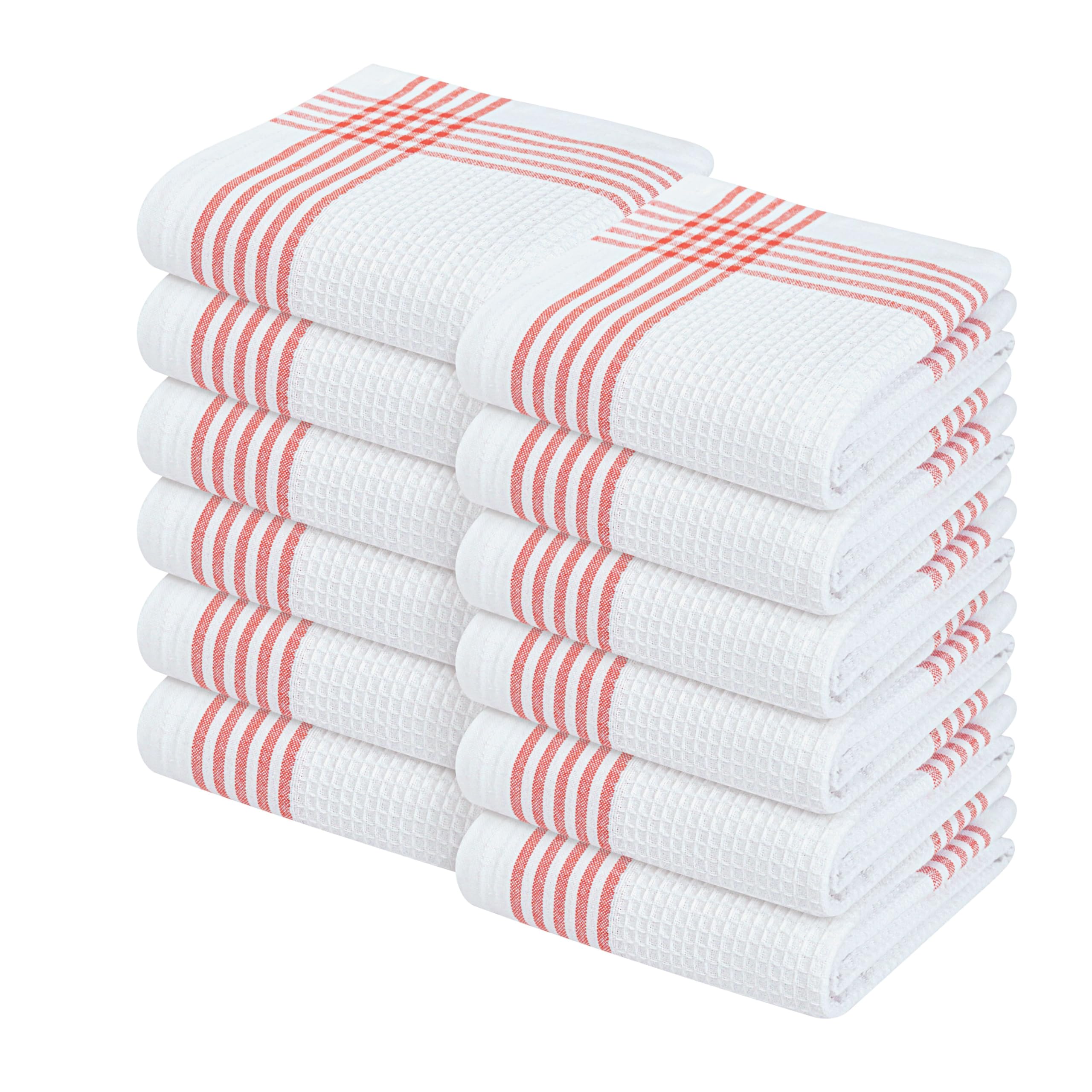 Waffle White &amp; Red Kitchen Dish Towels, Set of 12, 100% Cotton 16x26 inches, Absorbent Tea Towel, Multi-Purpose Hand Cleaning Towel, Strong and Reusable Dish Cloths for Drying Dishes
