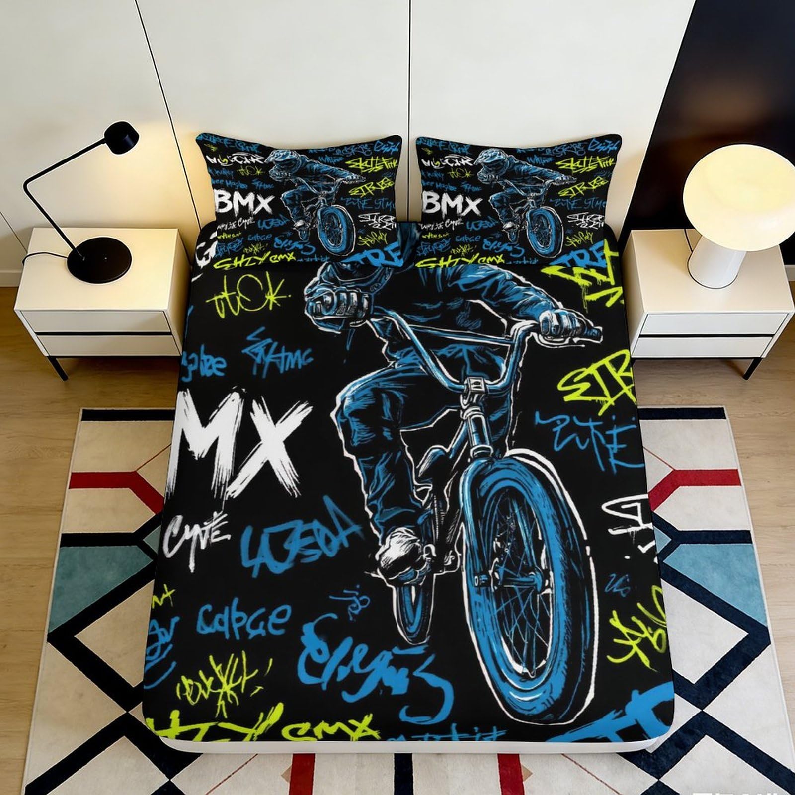 3D Printed Graffiti BMX Fitted Sheet Microfiber Soft Breathable Urban Bike Mattress Cover for Bedroom Decor 90x200x25cm