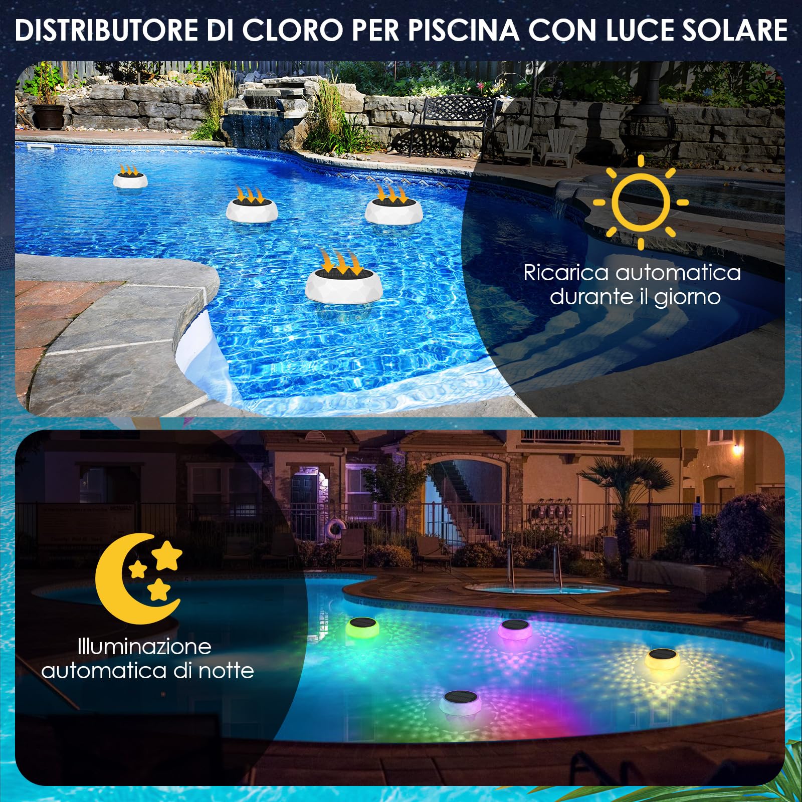 ZWOOS Dosatore Cloro Piscina, Galleggiante Cloro Piscina, Luce per Piscina Solare Galleggiante, Dispenser Cloro Piscina con Dosatore Estensibile (Vuoto), Lampada per Piscina RGB (2 Pezzi)