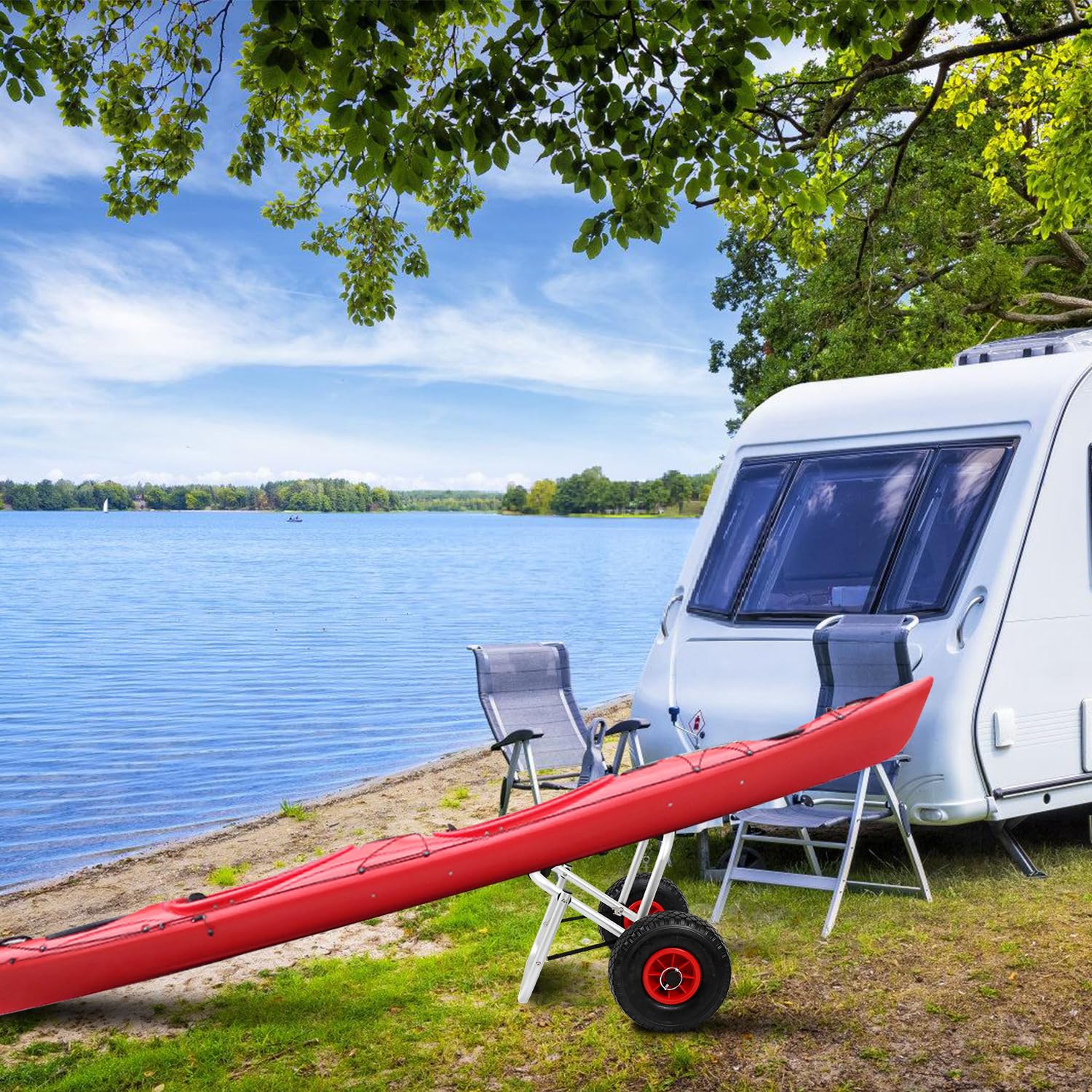 Kajakwagen aus Aluminium, bis 100 kg Belastbar,mit 2 x 26 cm PU-Rädern und PP-Spanngurt,Faltbarer Transportwagen für Kajak, Kanu und SUP
