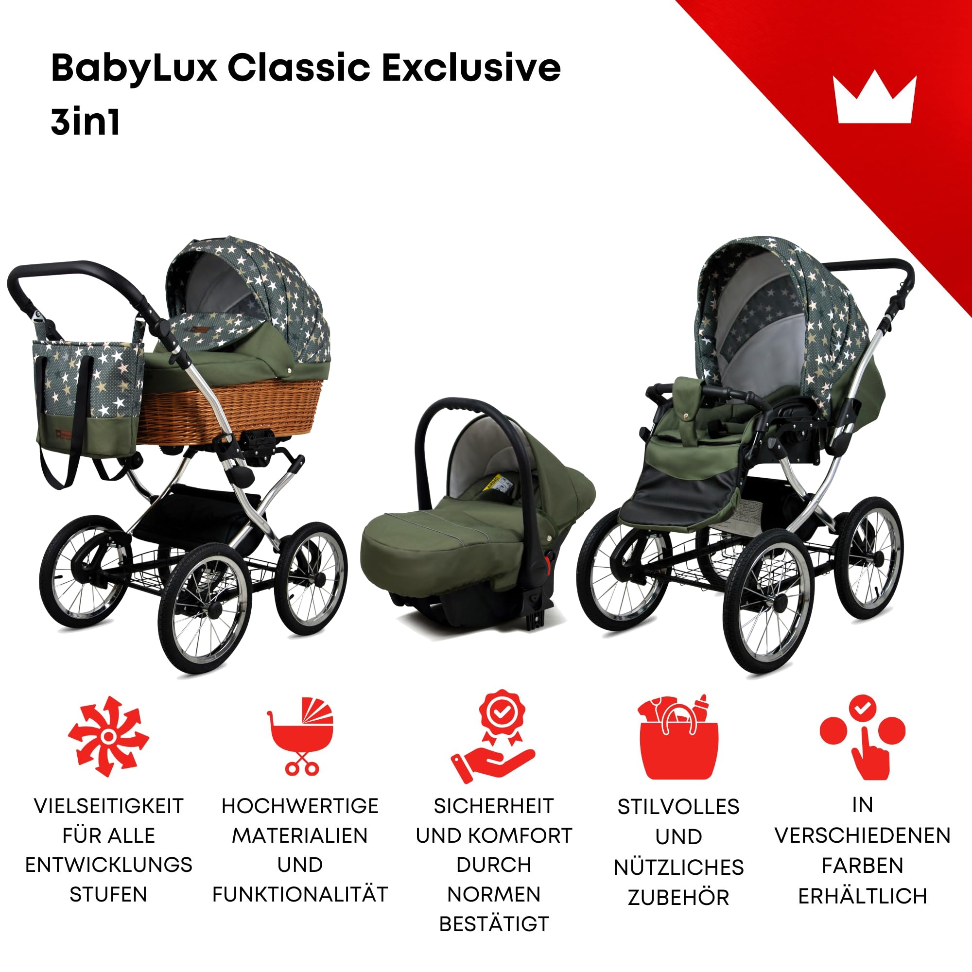 BabyLux Passeggino 3 in 1 con Seggiolino Auto per Bambini Piccoli – Passeggino per Neonati e Bambini –– Carrozzina Neonato – 59x105x125cm – Max 15kg – Olive Star Silver Frame