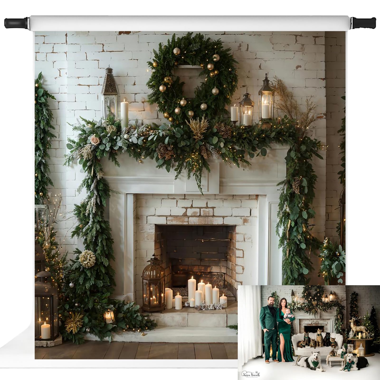 Kate Christmas Photo Backdrop White Brick Wall Background Fireplace Pine Tree Leaves Festive Decorations, 10x10ft