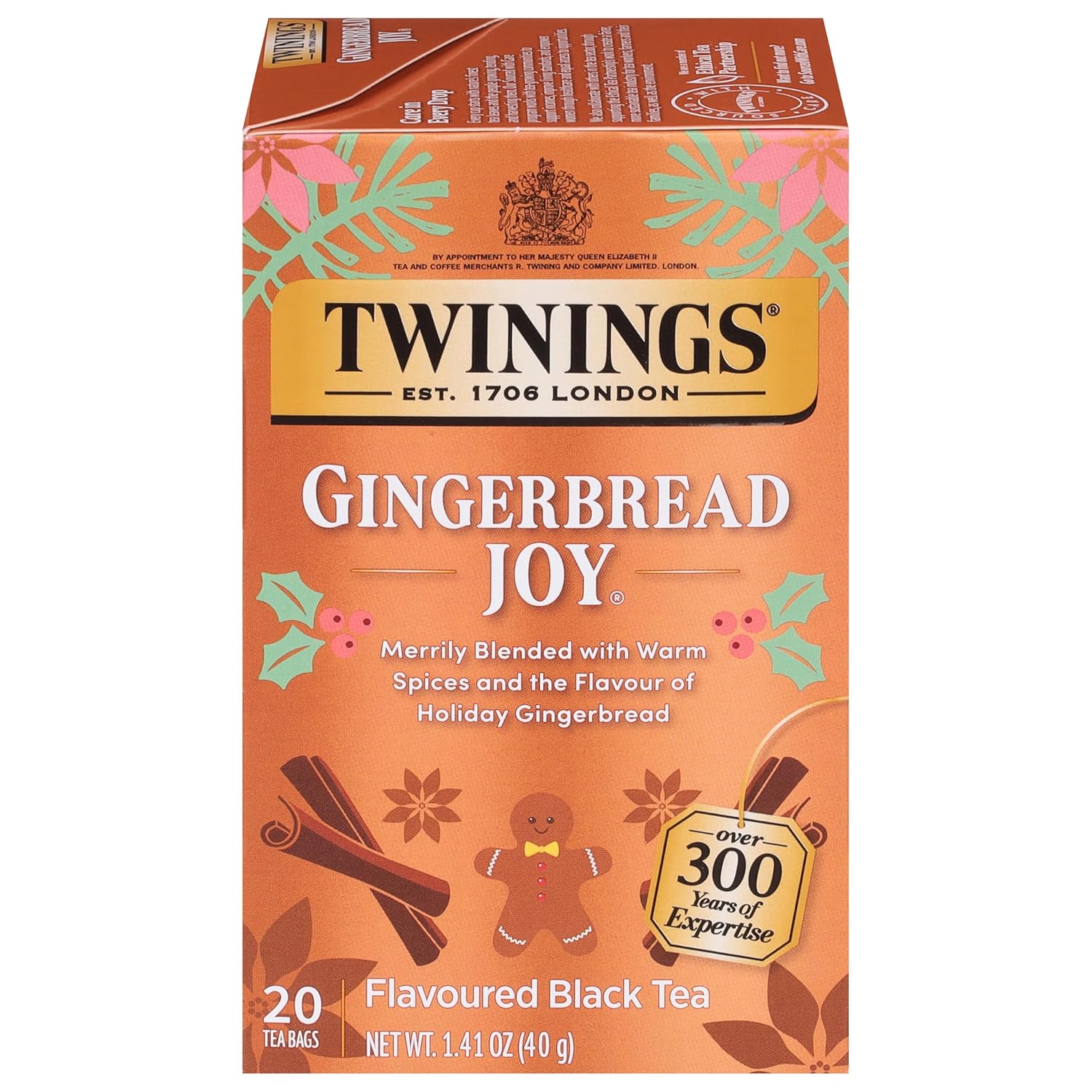 Twinings Gingerbread Joy Black Tea Individually Wrapped Bags, 20 Count (Pack of 1), Ginger &amp; Cinnamon, Caffeinated, Enjoy Hot or Iced, 20 Teabags