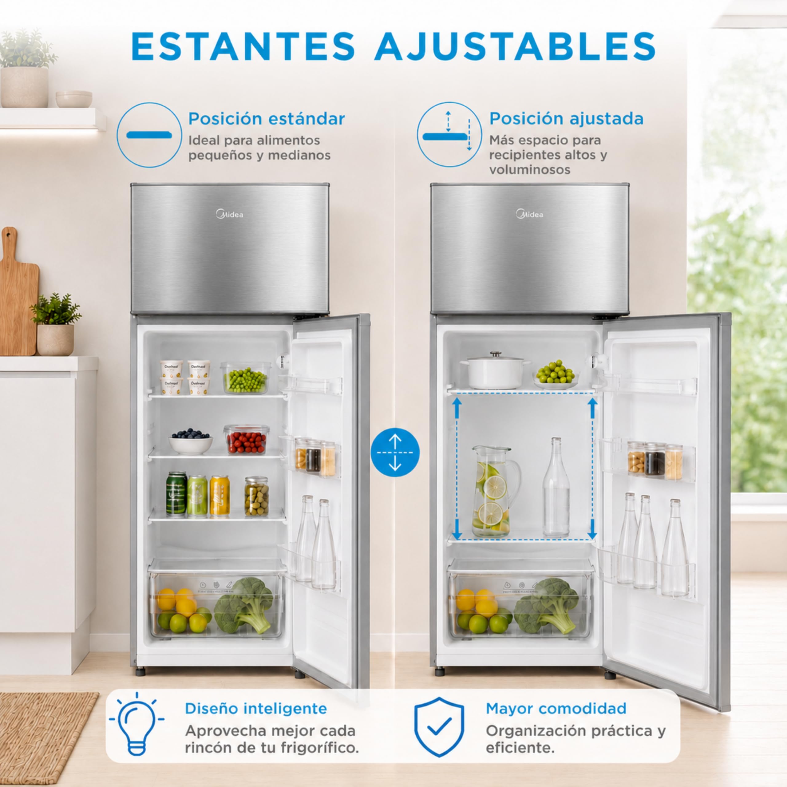 Midea Frigorífico 2 puertas 140 cm alto x 55 cm ancho, Inox, Capacidad 204 L, Nevera Pequeña con Congelador Low Frost de Bajo Consumo, Puerta Reversible, Luz LED, Silencioso 40dB, Cajón de Frutas