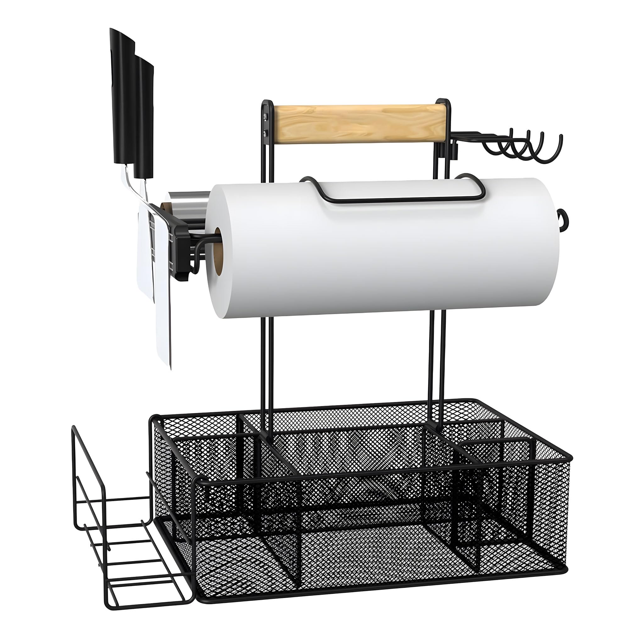carotoe Strong Metal Barbecue Tool Holder with 6 Sections and Hooks for Outdoor Cooking Equipment Storage Outdoor Meal Barbecue Storage Basket