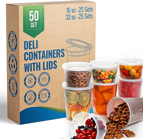 Deli - Recipientes de almacenamiento de alimentos de plástico con tapas herméticas (25 juegos de 16 oz25 juegos de 32 oz), ideal para microondas,