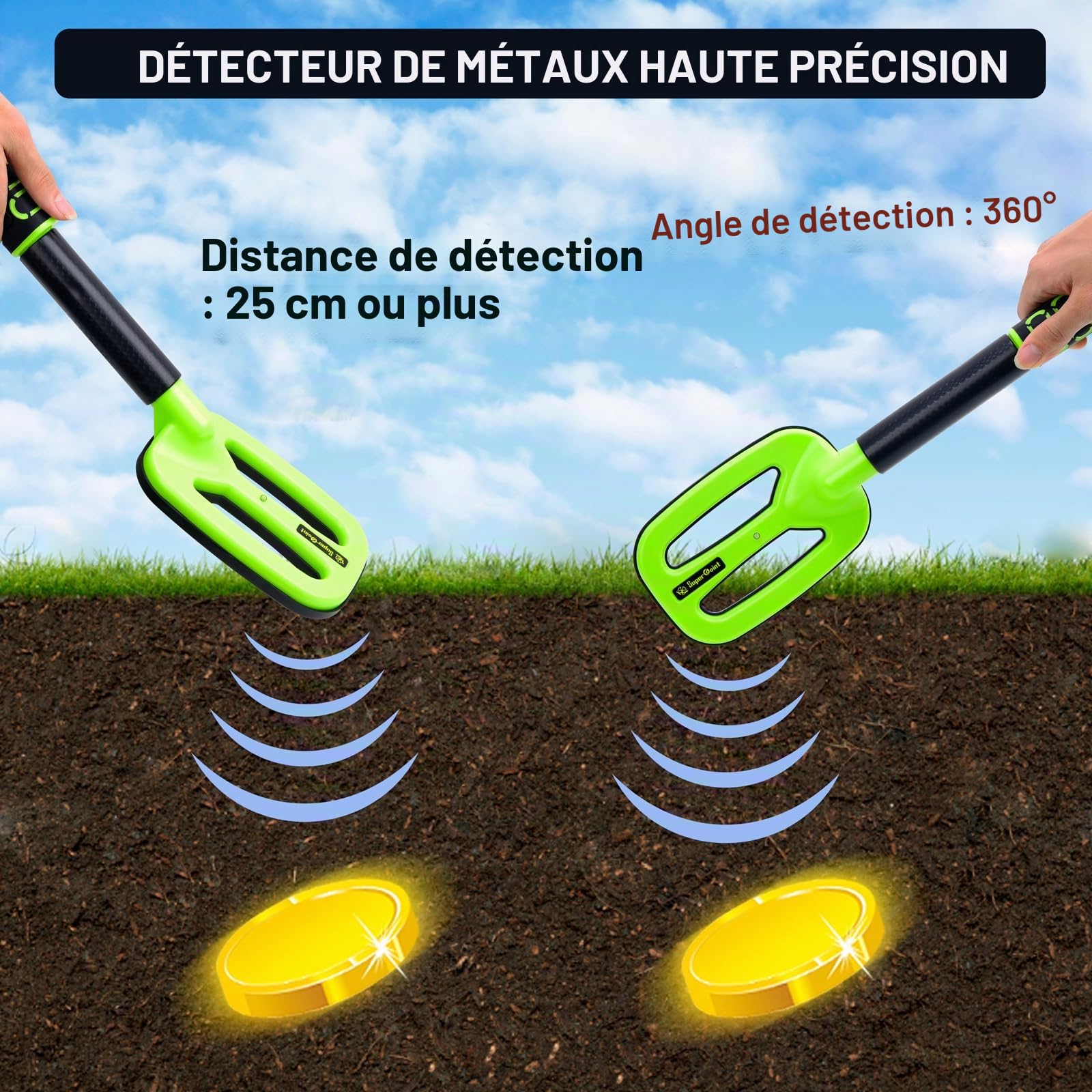 Détecteur de Métaux, Detecteur Metaux Portable avec Lumière LED, Alarme Sonore et Vibratoire, étanche IP68, Détection d'Or et d'Argent dans l'Eau, sur la Plage, en Forêt et dans Votre Jardin
