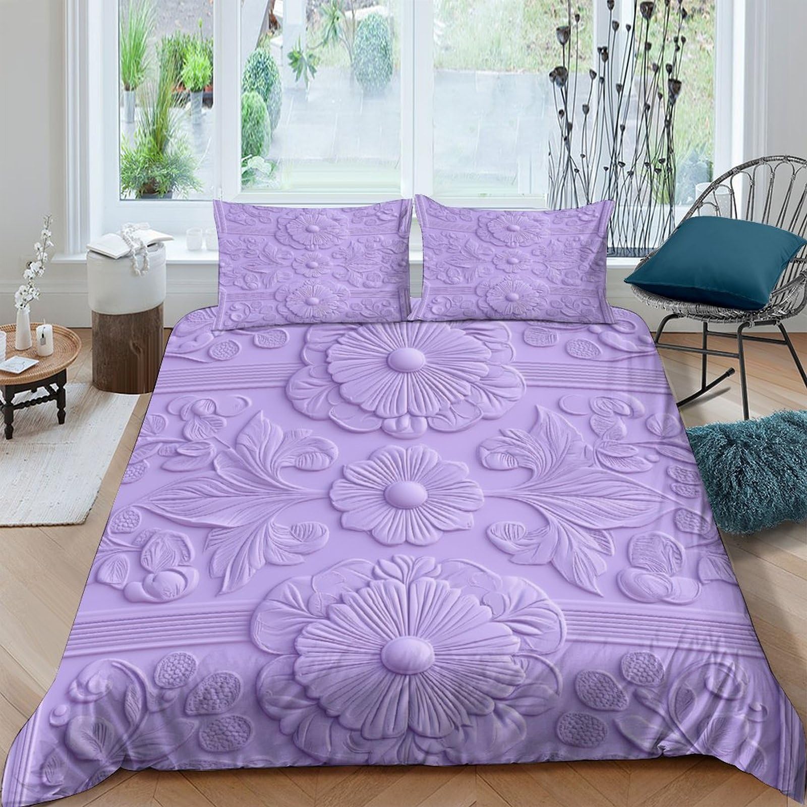 GPLZQXKJNH 3D Printed Floral Lavender Duvet Cover Microfiber Soft Breathable Blossom Bedding Set with 2 Pillowcases for Bedroom Decor Single（135x200cm）