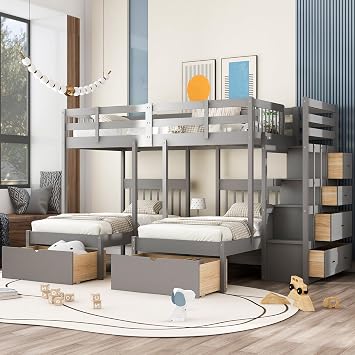 Harper & Bright Designs Triple Bunk Bed with Stairs and Storage, Full Over Twin & Twin - Wooden Bunk Bed with Storage Drawers for Kids Teens Adults - Gray