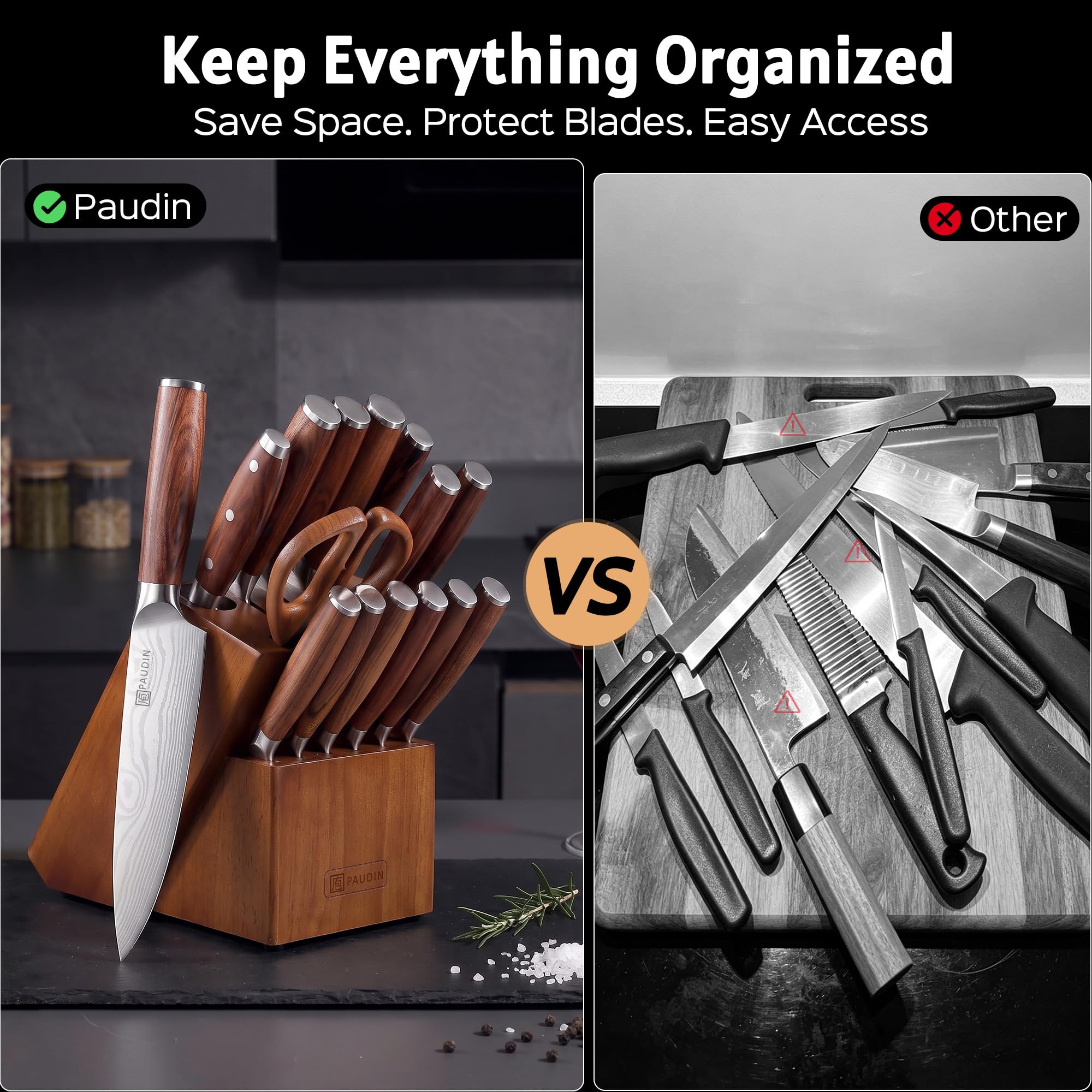 PAUDIN 16-Piece Kitchen Knife Set with Block, Built-in Sharpener, Ultra Sharp 5Cr15Mov Stainless Steel Chef Knives, Natural Wood Handles, Steak Knives, Scissors & Honing Rod, Complete Cutlery Set — Amazon image 3