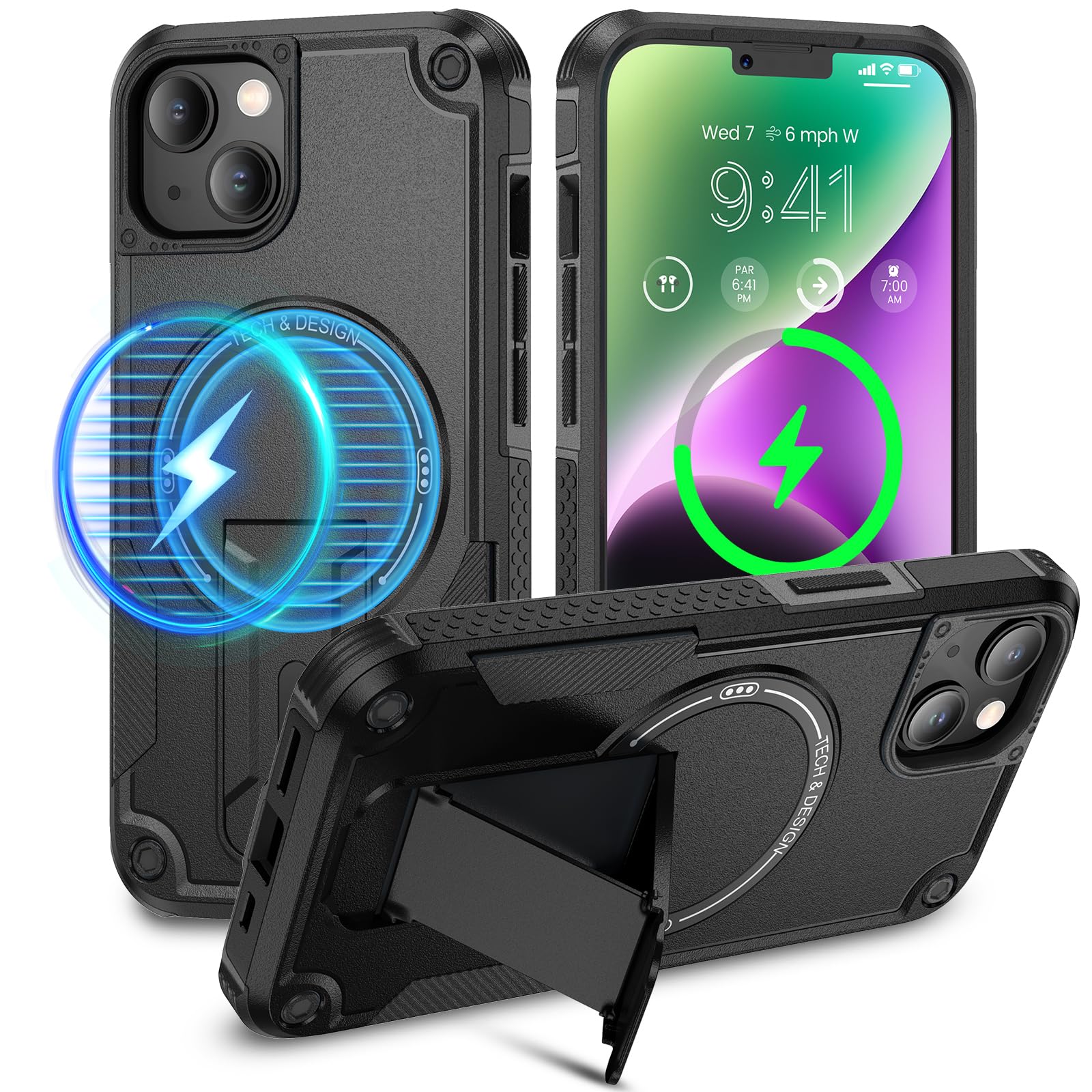 Caka for iPhone 13 Case & iPhone 14 Phone Case [Compatible with Magsafe] [Built-in Invisible Stand] [Heavy Duty Drop Protection] Shockproof Rugged
