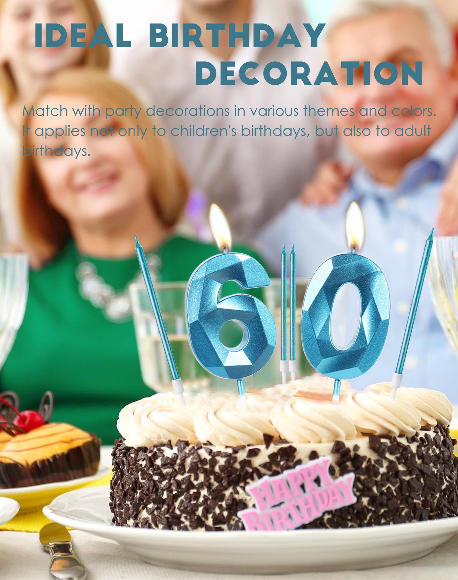 Candele blu reale per 60° compleanno, candela 3D numero 60 per torta, decorazioni per 60° compleanno per donne uomini, candele decorazioni blu Torta Topper per feste Suppie
