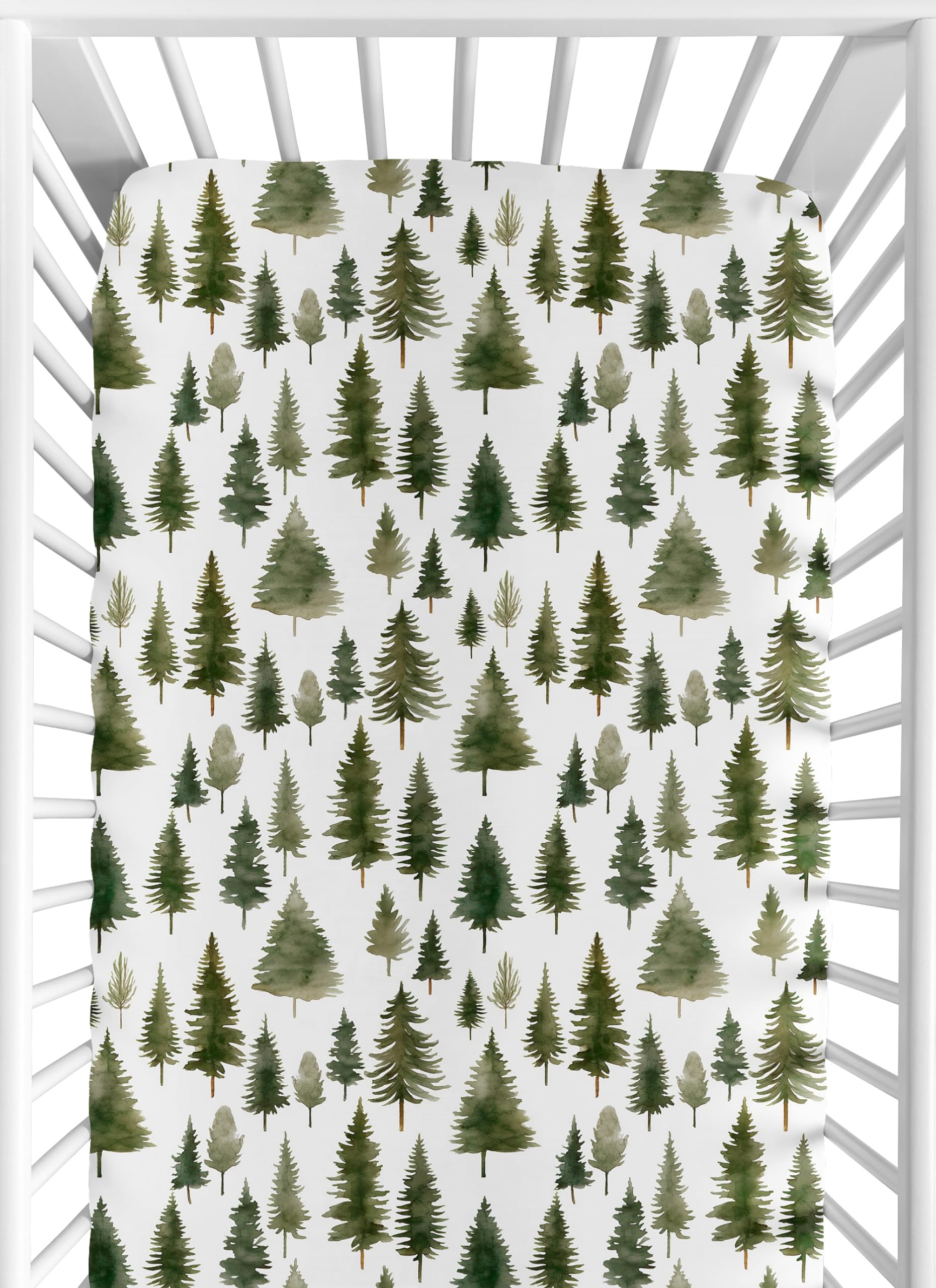 Sweet Jojo Designs Fitted Baby Crib Sheets (Green Woodland Tree) for Boys or Girls, Infant Nursery, Toddler Room - Standard Size (Hunter, Forest Themed, Sage Pine Trees, Woods, Neutral, Christmas Fir)