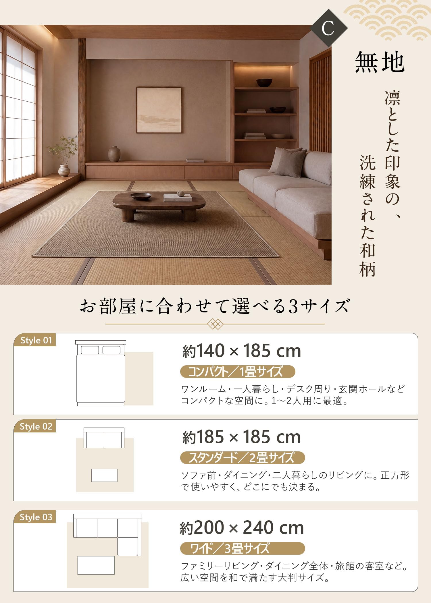 Amazon｜和風ラグ 140×185cm 青海波模様 伝統文様 リネン風 ラグマット