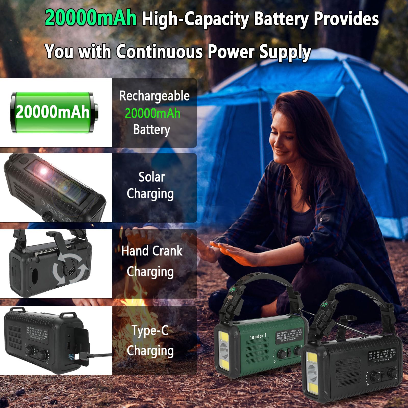 Radio meteorologica di emergenza (Condor 1) NOAA/AM/FM con radio portatile da 74000 mWh, USB-C/solare/ricarica a manovella, allarme SOS, torcia elettrica, lampada da lettura e kit di sopravvivenza per