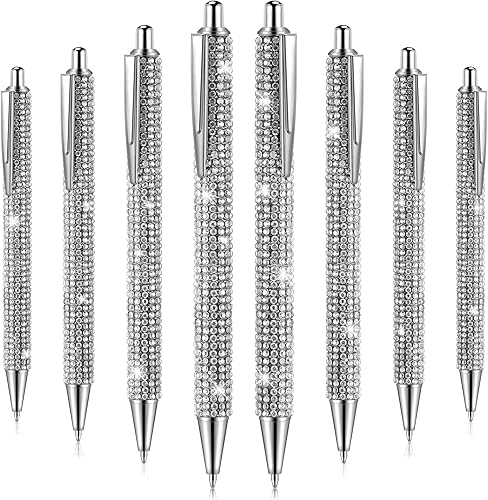 Jeyiour 8 bolígrafos de diamantes de imitación brillantes para boda, diamantes de imitación de metal plateado, bolígrafos de cristal brillante,