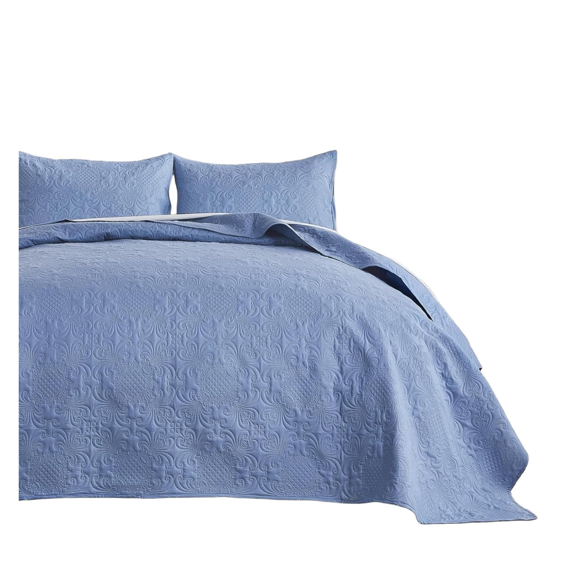 Indigo & Poppy Bedspreads King Size Soft Lightweight Summer Bedspread Vintage Flower Pattern Breathable - Polyester Ultrasonic Quilting Technology Coverlet Set with Pillow Shams, Blue 270x243cm-image-19