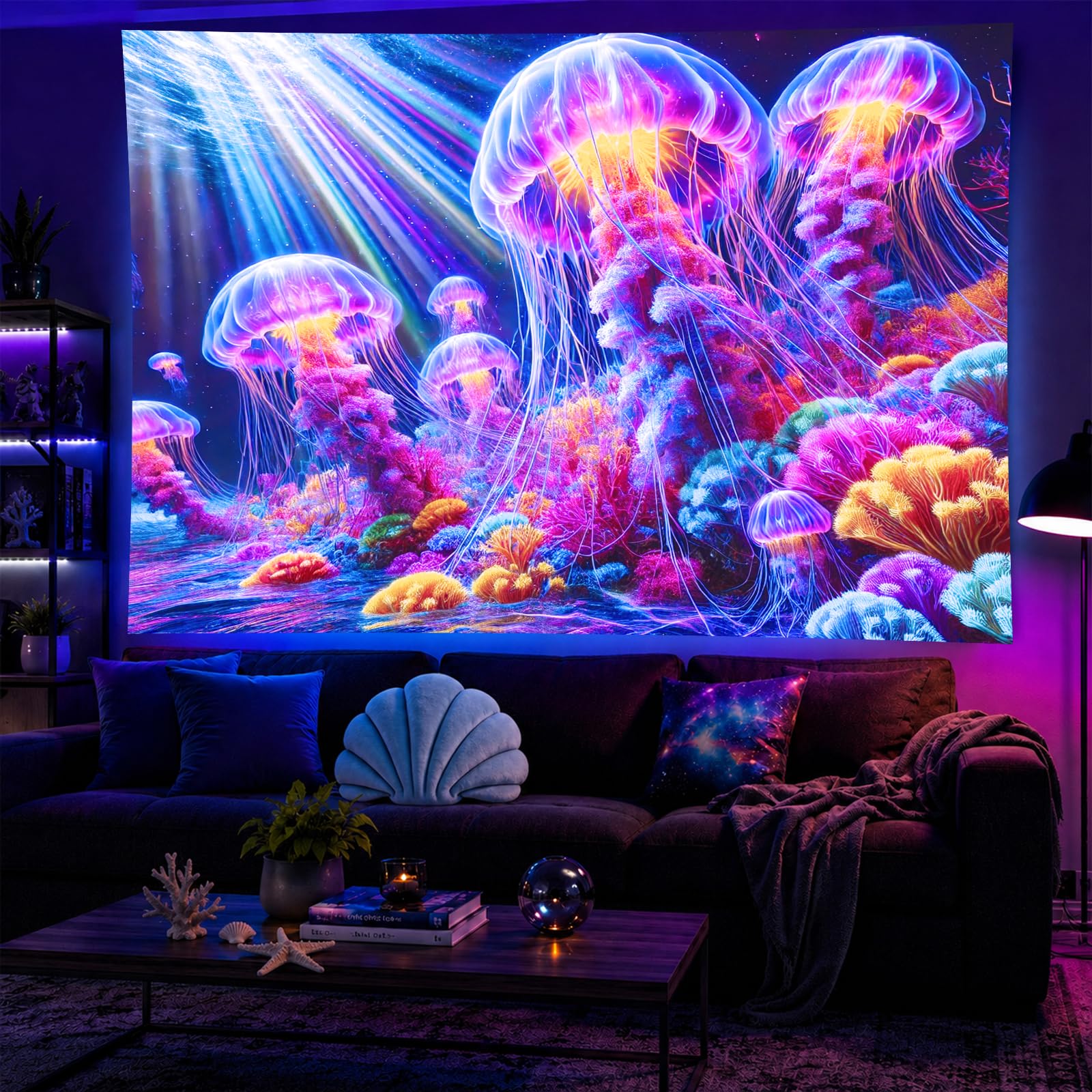 BlissYard Black Light Tapestry 78x59 Inch Jellyfish Poster