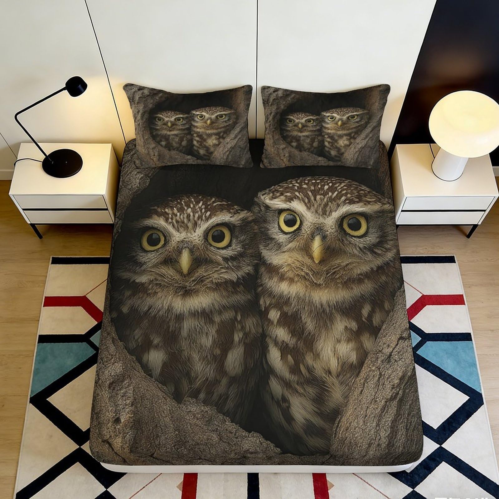 3D Printed Owl Tree Hollow Fitted Sheet Microfiber Soft Breathable Forest Night Mattress Cover for Bedroom Dorm Mattress Decor 90x200x25cm