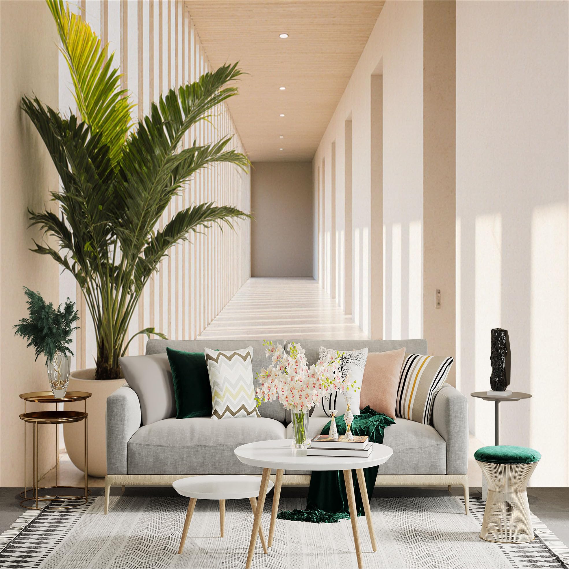Custom Size Wall Sticker Mural， Modern Minimalist Hallway with Potted Plant， Sunlit Corridor， Architectural Interior Design， for wall Decoration， peelandstick wall Decals.