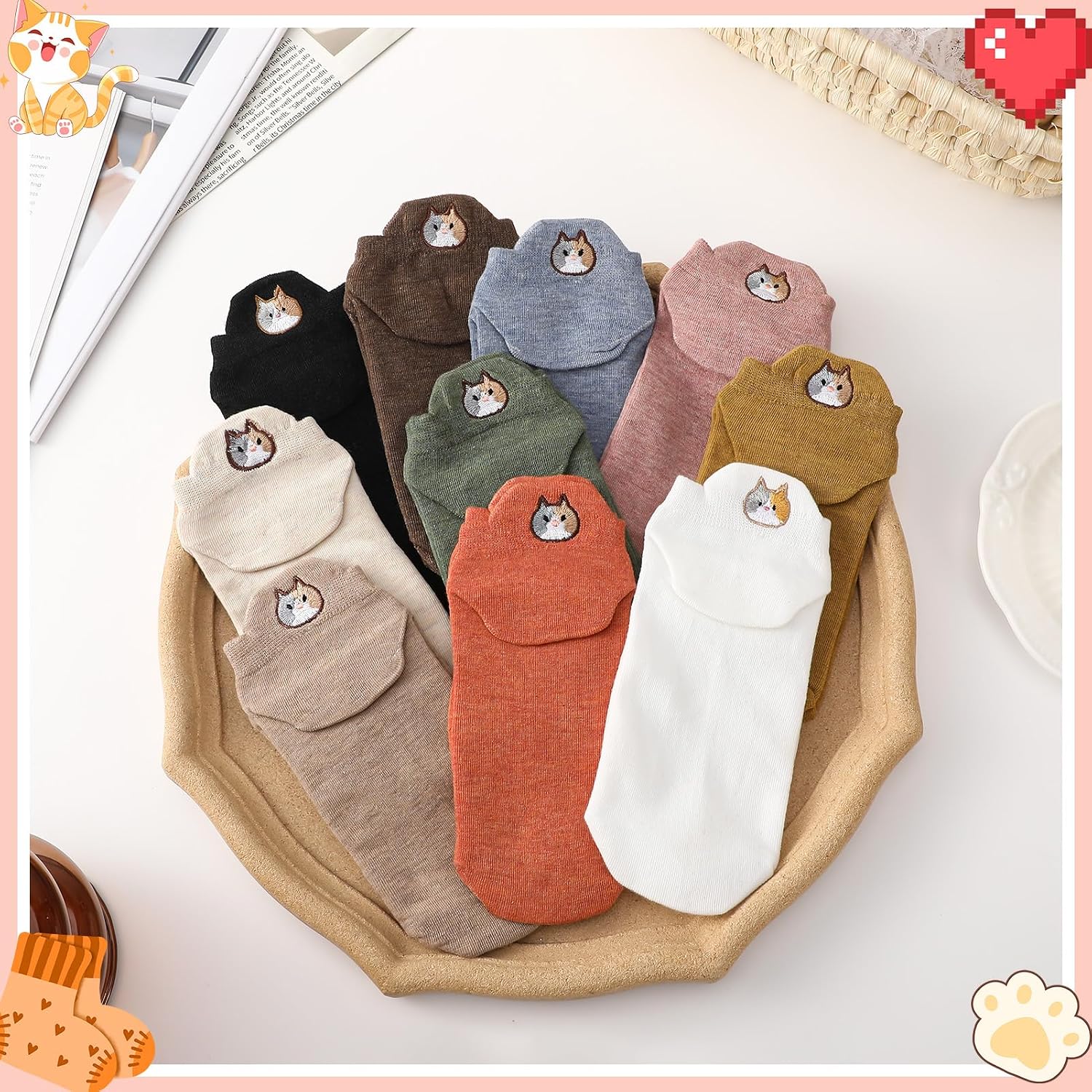 Women Cute Ankle Socks 10 Pairs Funny Smile/Animal/Cat Socks Comfort Cotton Low Cut Sock for Women Girls