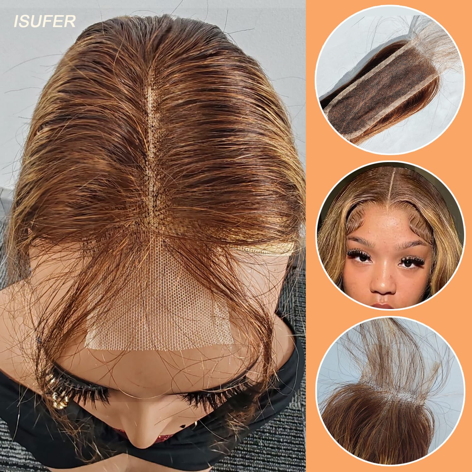 2x6 Hd Transparent Lace Closure Straight P4/27 Closure Highlight Honey Blonde 150% Density Pre Plucked Baby Hair Brazilian Virgin Unprocessed Human Hair Middle Part 10 Inch