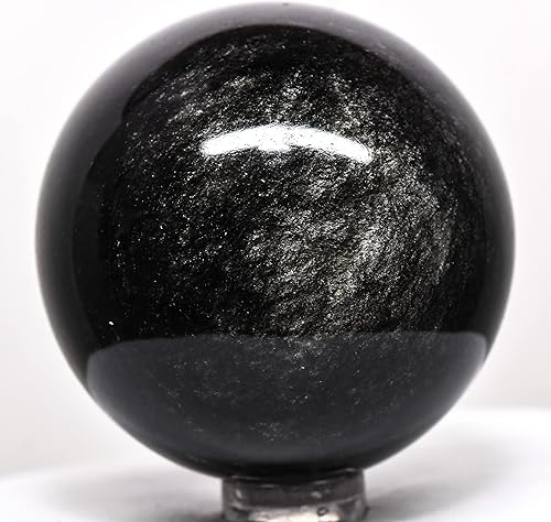 Miniatura 2 de Esfera de obsidiana brillante plateada de 2.1 pulgadas, bola mineral natural brillante de cristal volcánico, piedra preciosa pulida, México + soporte