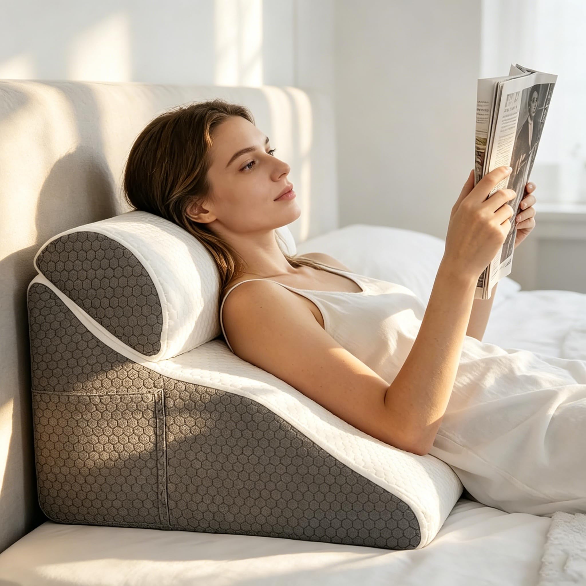 Cuscino da lettura per letto e divano, cuscino curvo a cuneo con memory foam, schienale ergonomico, cuscino reflusso, custodia lavabile, cuscino da reflusso per adulti, 50 x 50 x 30 cm